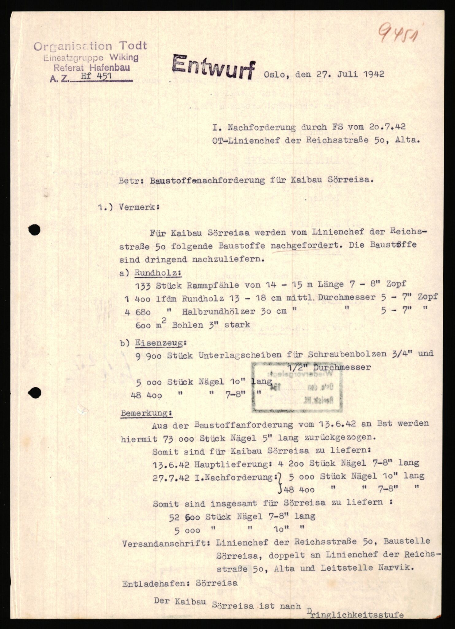 Tyske arkiver, Organisation Todt (OT), Einsatzgruppe Wiking, AV/RA-RAFA-2188/1/E/E6/E6c/L0007: Nachschub: Arkivkode 9451-9490, 1940-1945, p. 14