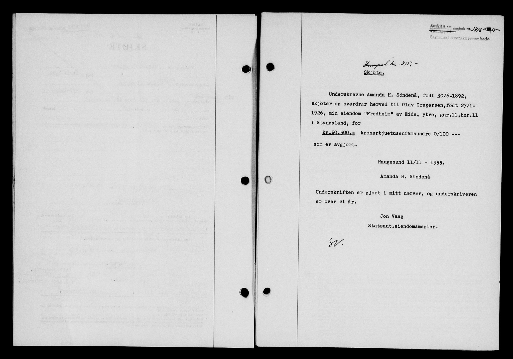 Karmsund sorenskriveri, SAST/A-100311/01/II/IIB/L0117: Mortgage book no. 97Aa, 1955-1955, Diary no: : 3716/1955