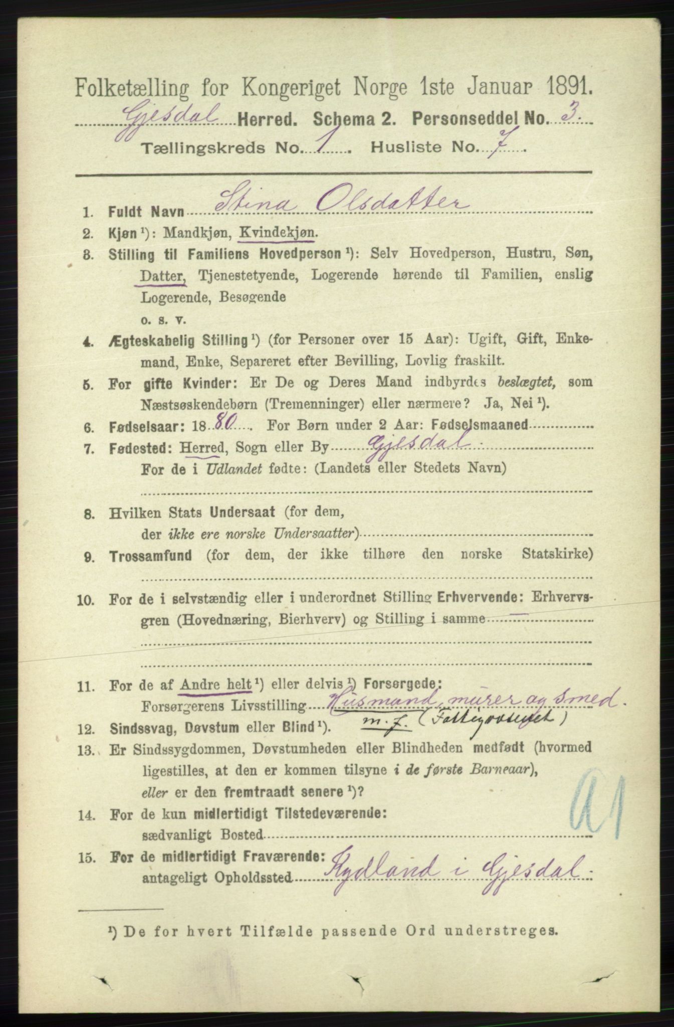 RA, 1891 census for 1122 Gjesdal, 1891, p. 105