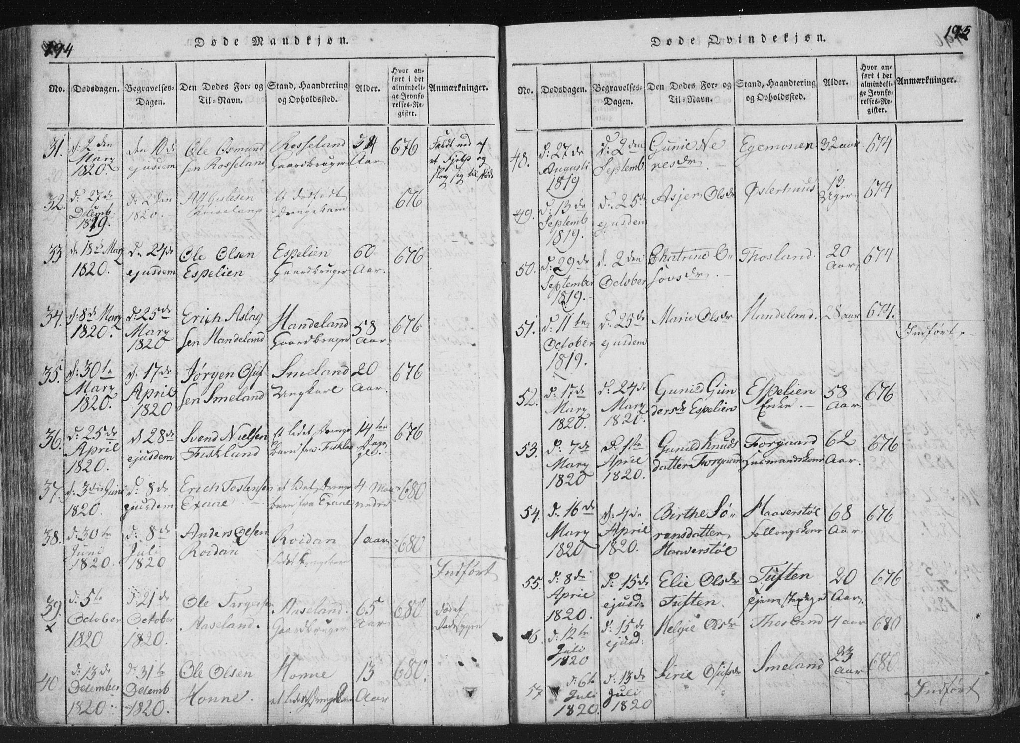 Åseral sokneprestkontor, AV/SAK-1111-0051/F/Fa/L0001: Parish register (official) no. A 1, 1815-1853, p. 194-195