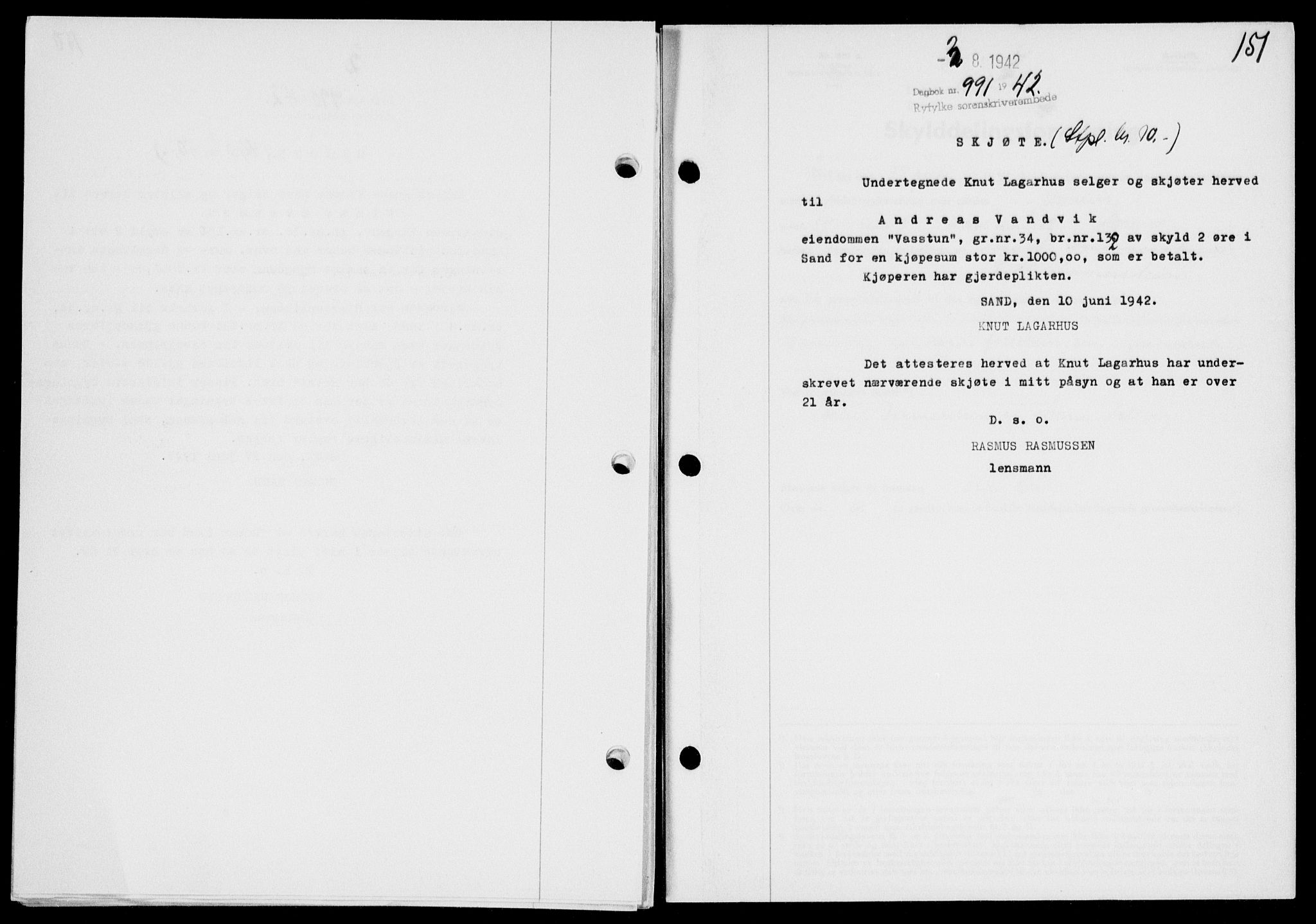 Ryfylke tingrett, SAST/A-100055/001/II/IIB/L0088: Mortgage book no. 67, 1942-1942, Diary no: : 991/1942