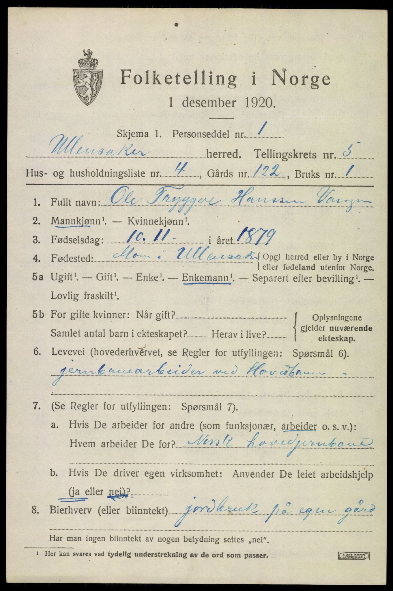 SAO, 1920 census for Ullensaker, 1920, p. 9077