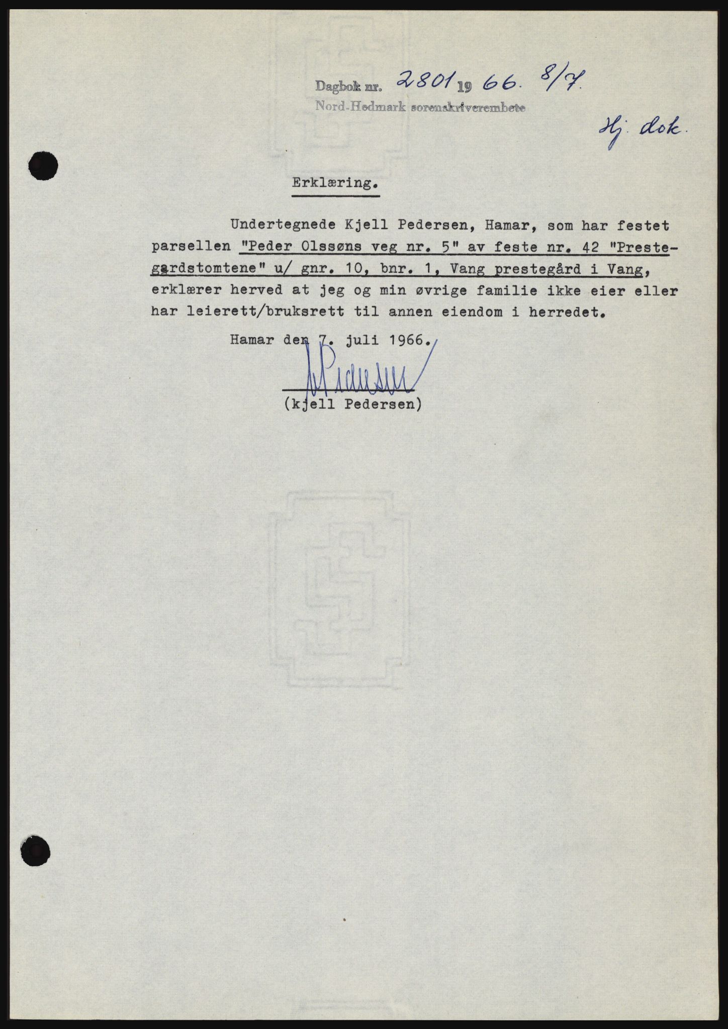 Nord-Hedmark sorenskriveri, SAH/TING-012/H/Hc/L0024: Mortgage book no. 24, 1966-1966, Diary no: : 2801/1966