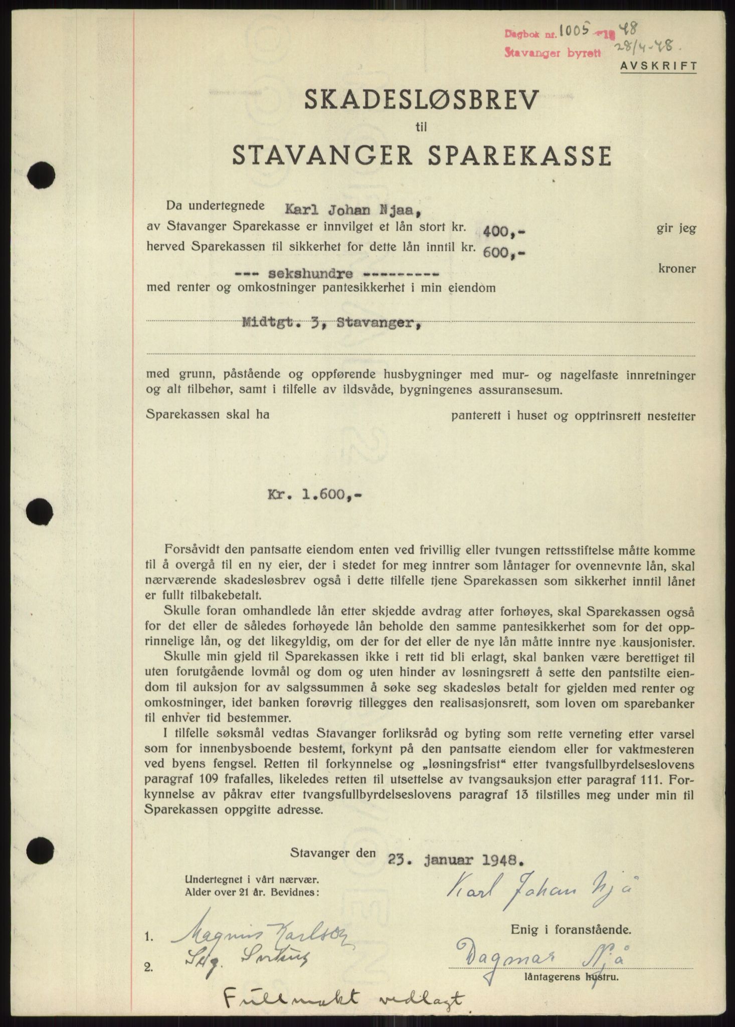 Stavanger byrett, SAST/A-100455/002/G/Gb/L0032: Mortgage book, 1947-1950, Diary no: : 1005/1948