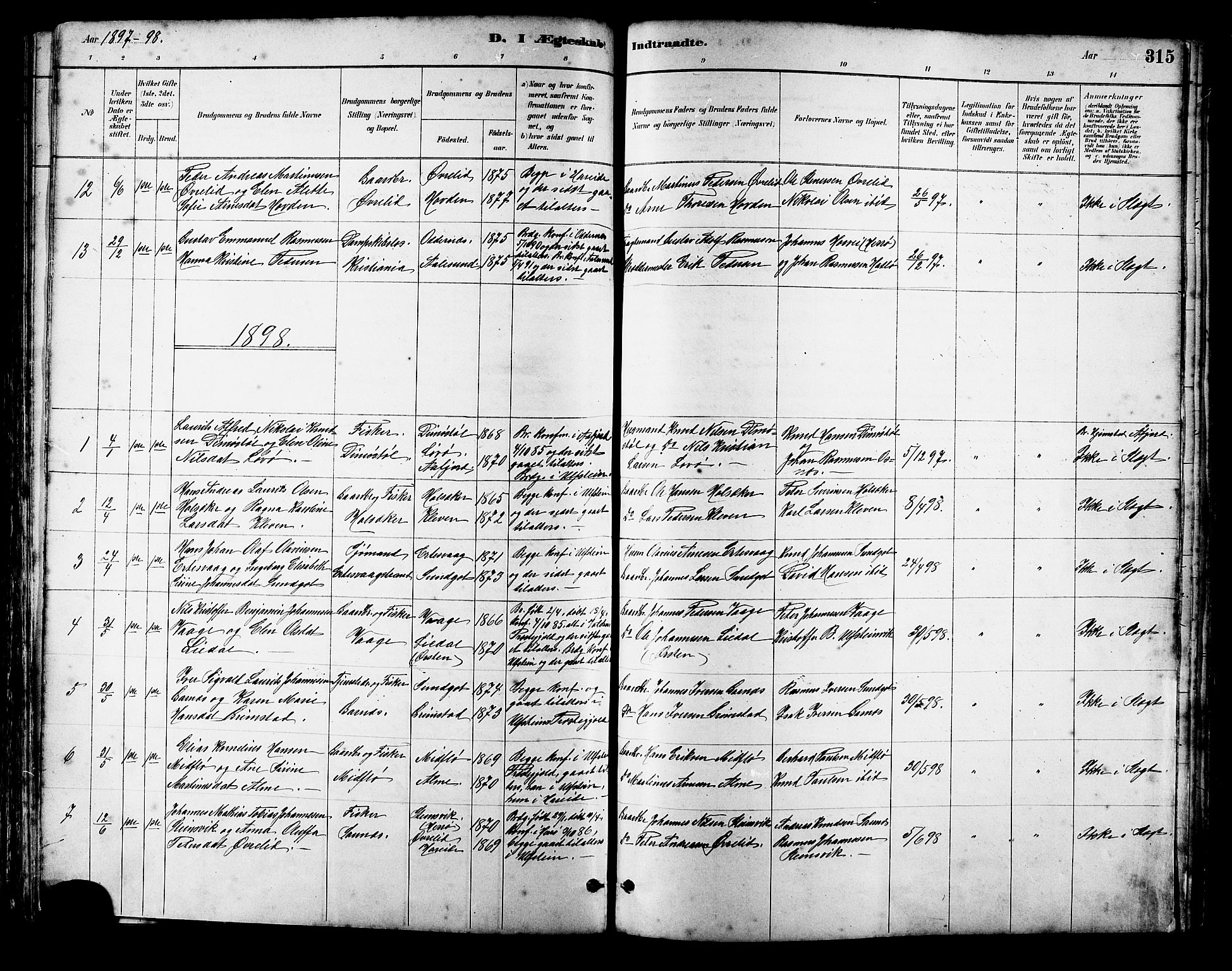 Ministerialprotokoller, klokkerbøker og fødselsregistre - Møre og Romsdal, SAT/A-1454/509/L0112: Parish register (copy) no. 509C02, 1883-1922, p. 315