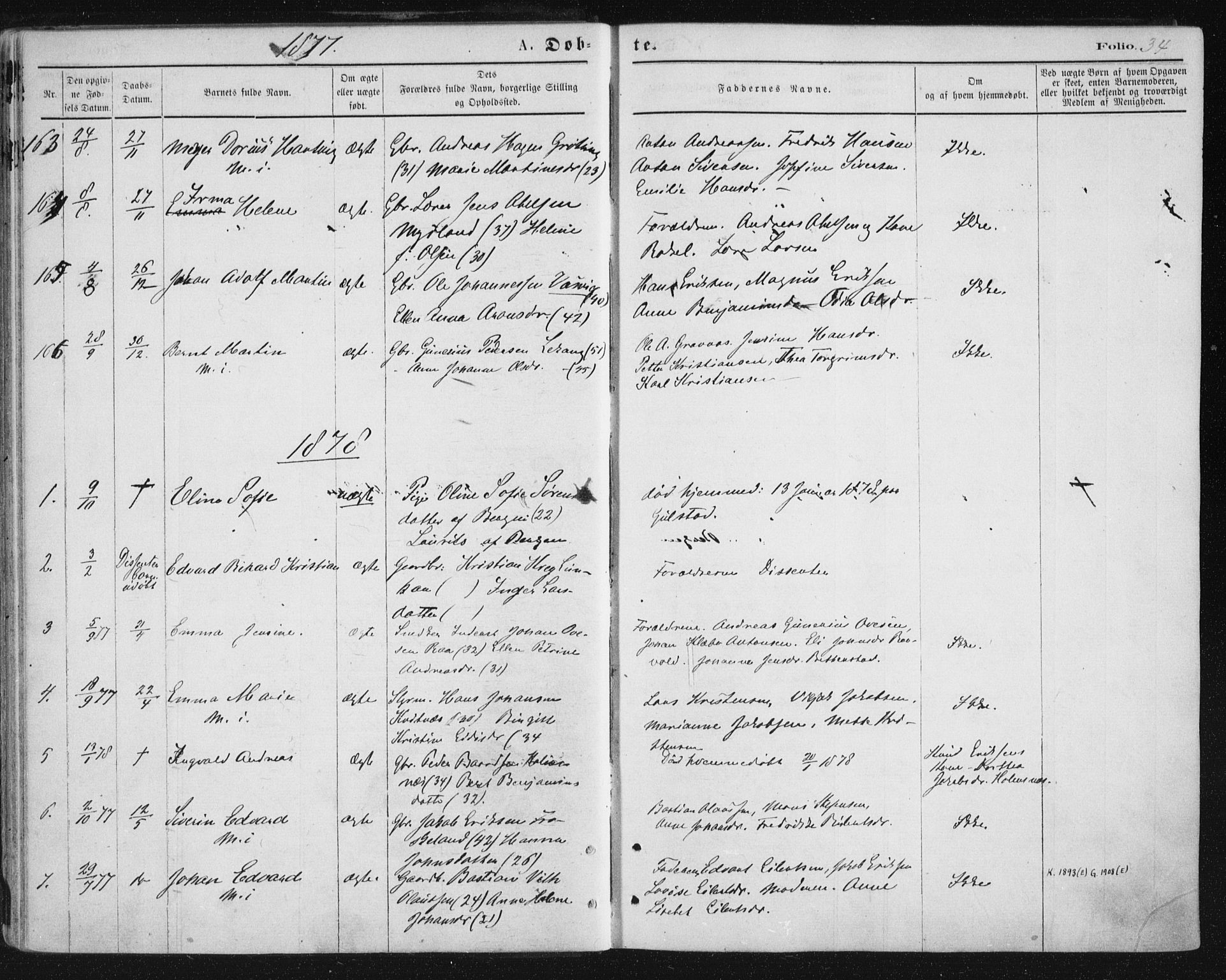 Ministerialprotokoller, klokkerbøker og fødselsregistre - Nordland, SAT/A-1459/888/L1243: Parish register (official) no. 888A09, 1876-1879, p. 34