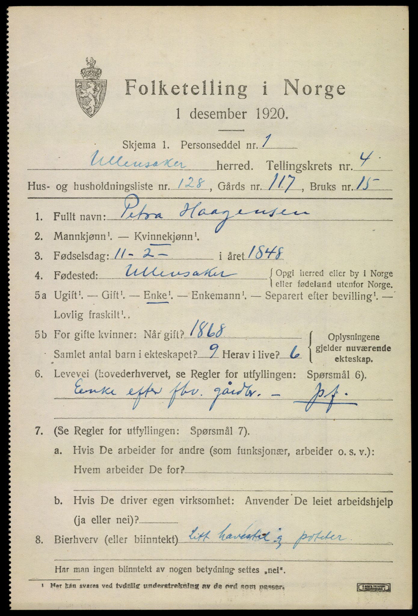 SAO, 1920 census for Ullensaker, 1920, p. 8831