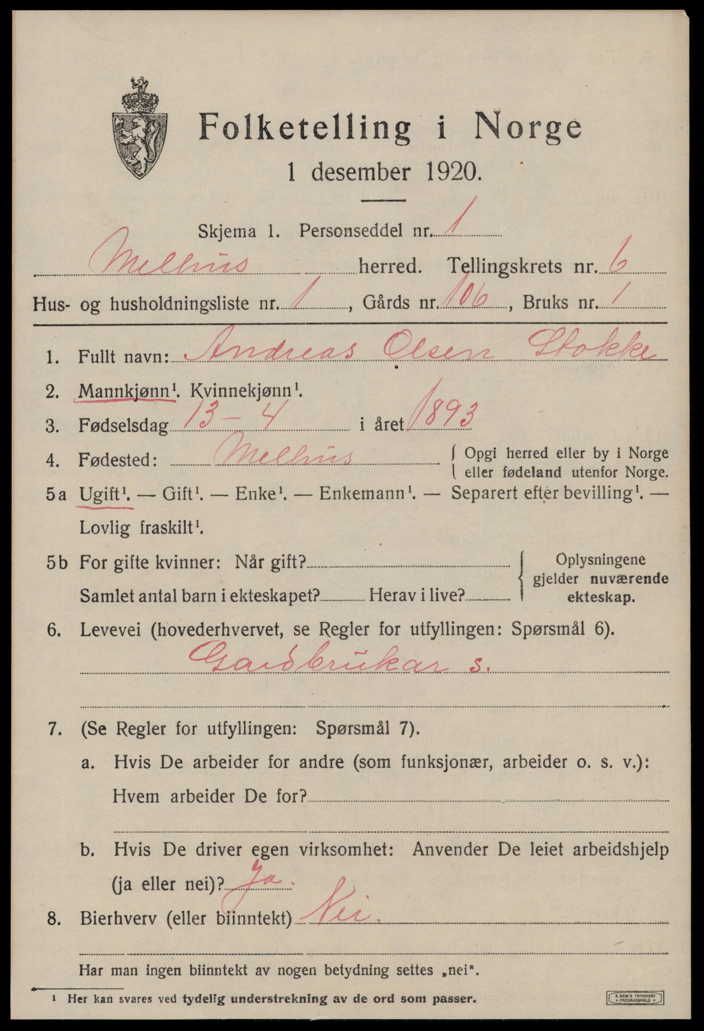 SAT, 1920 census for Melhus, 1920, p. 5999