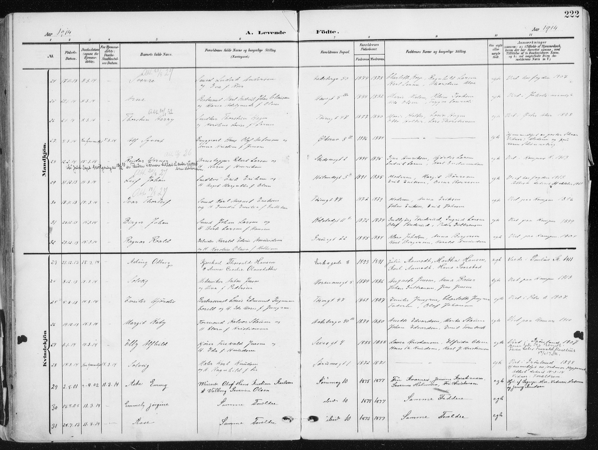 Kampen prestekontor Kirkebøker, AV/SAO-A-10853/F/Fa/L0010: Parish register (official) no. I 10, 1905-1917, p. 222