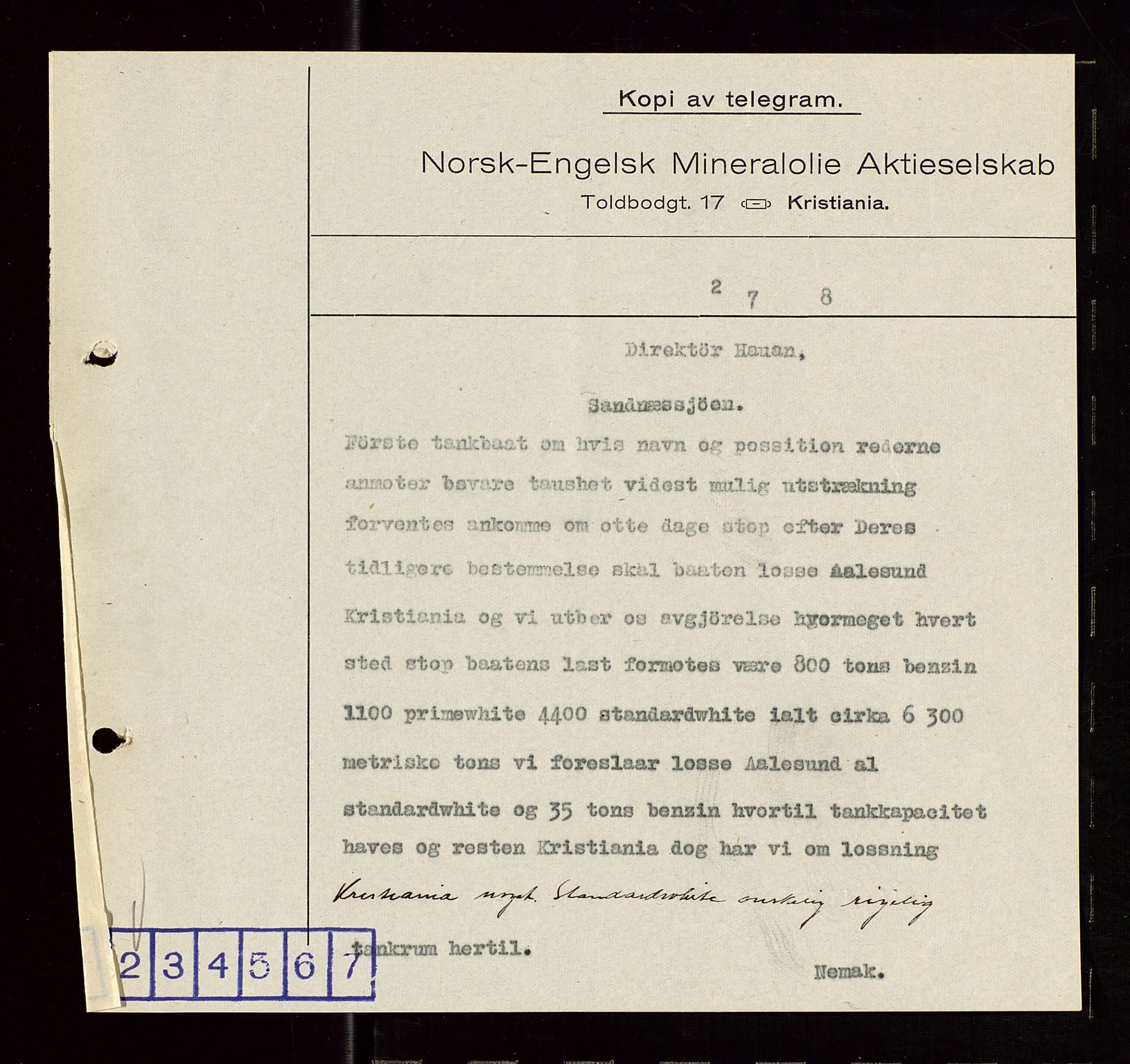 Pa 1521 - A/S Norske Shell, SAST/A-101915/E/Ea/Eaa/L0006: Sjefskorrespondanse, 1918, p. 257