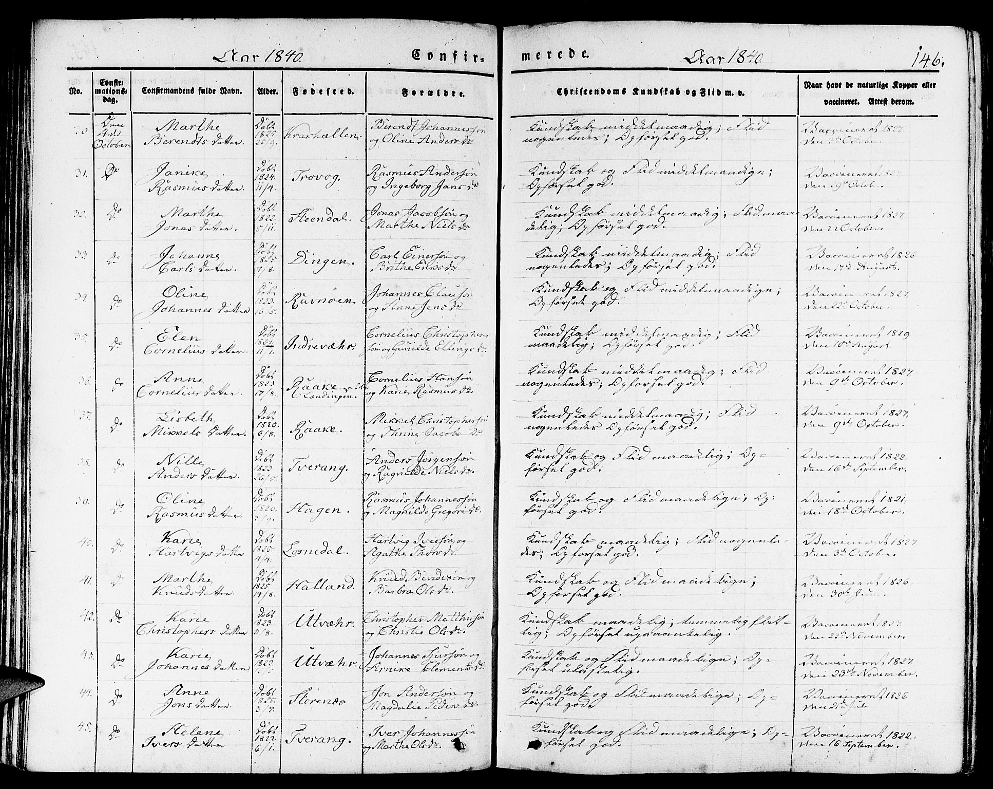 Gulen sokneprestembete, AV/SAB-A-80201/H/Haa/Haaa/L0020: Parish register (official) no. A 20, 1837-1847, p. 146