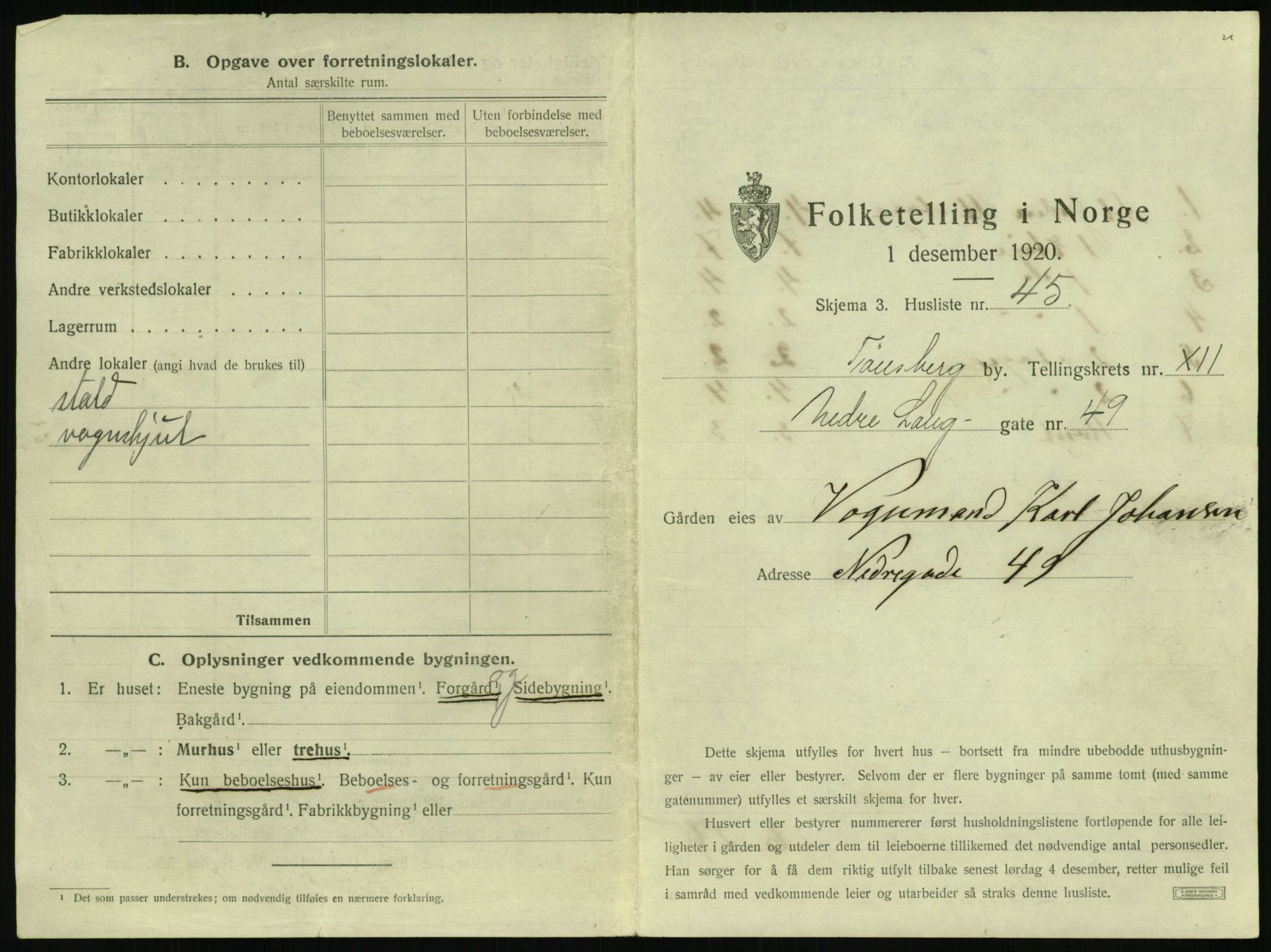 SAKO, 1920 census for Tønsberg, 1920, p. 1345