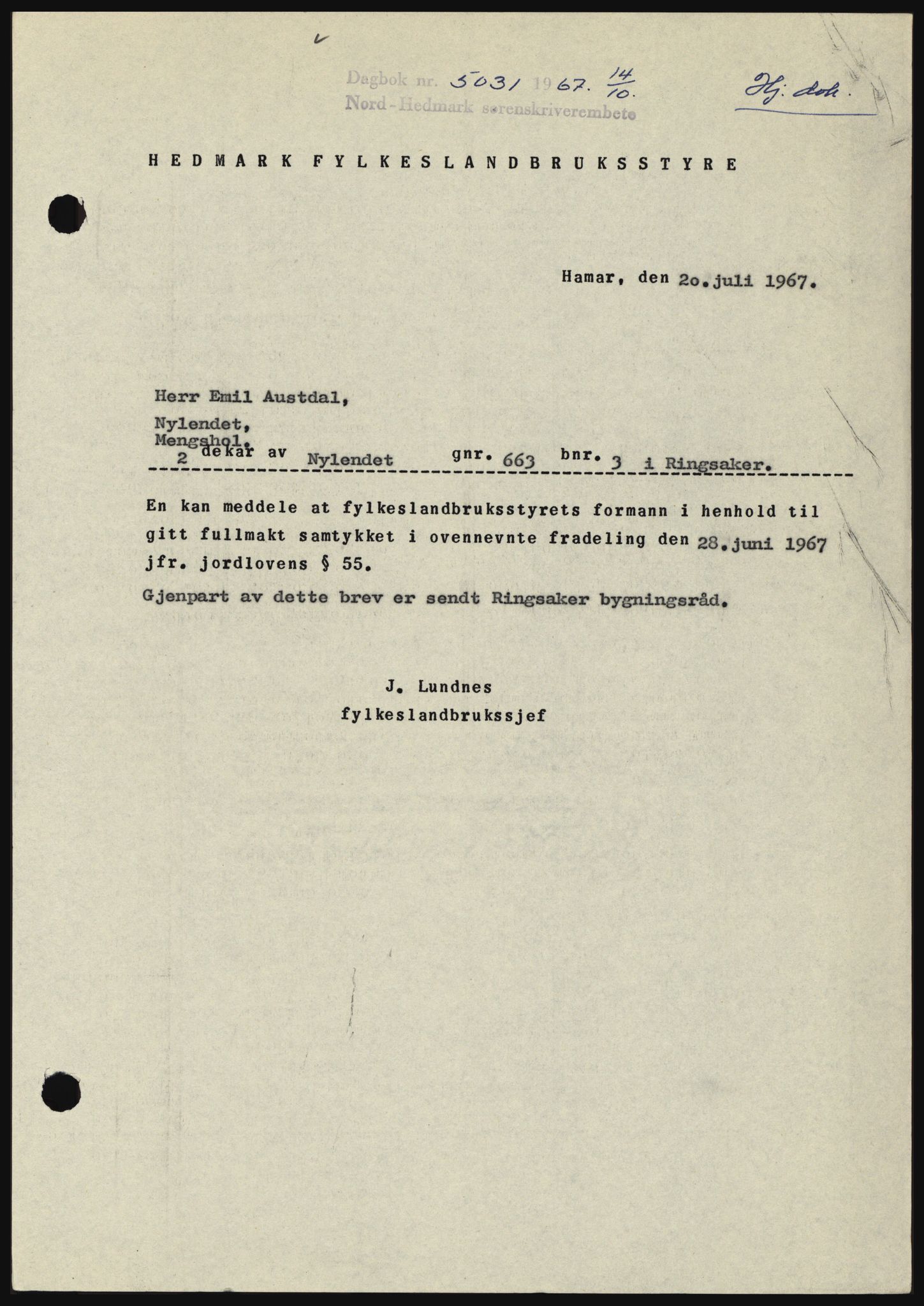 Nord-Hedmark sorenskriveri, AV/SAH-TING-012/H/Hc/L0026: Mortgage book no. 26, 1967-1967, Diary no: : 5031/1967