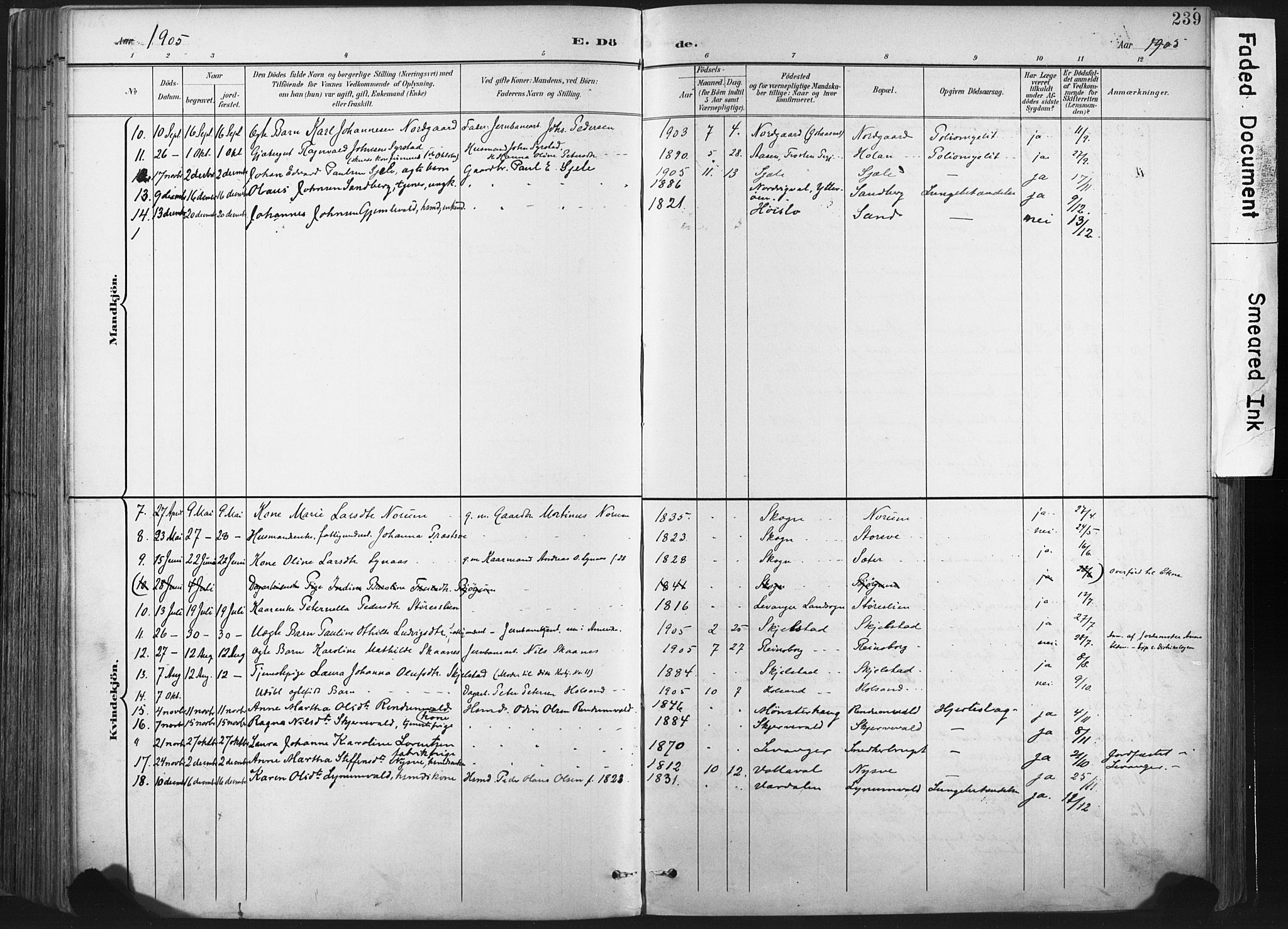 Ministerialprotokoller, klokkerbøker og fødselsregistre - Nord-Trøndelag, AV/SAT-A-1458/717/L0162: Parish register (official) no. 717A12, 1898-1923, p. 239