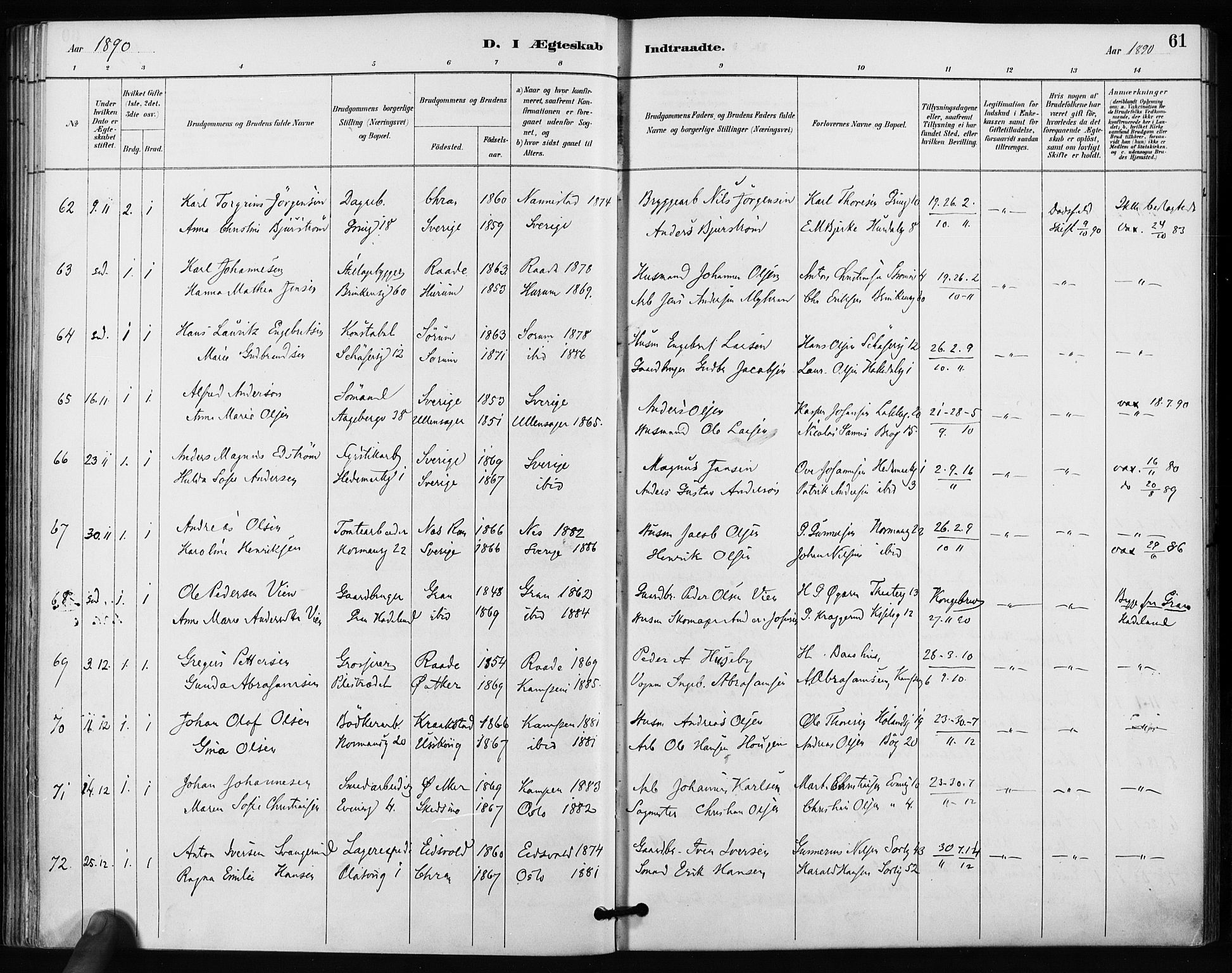 Kampen prestekontor Kirkebøker, SAO/A-10853/F/Fa/L0004: Parish register (official) no. I 4, 1885-1892, p. 61