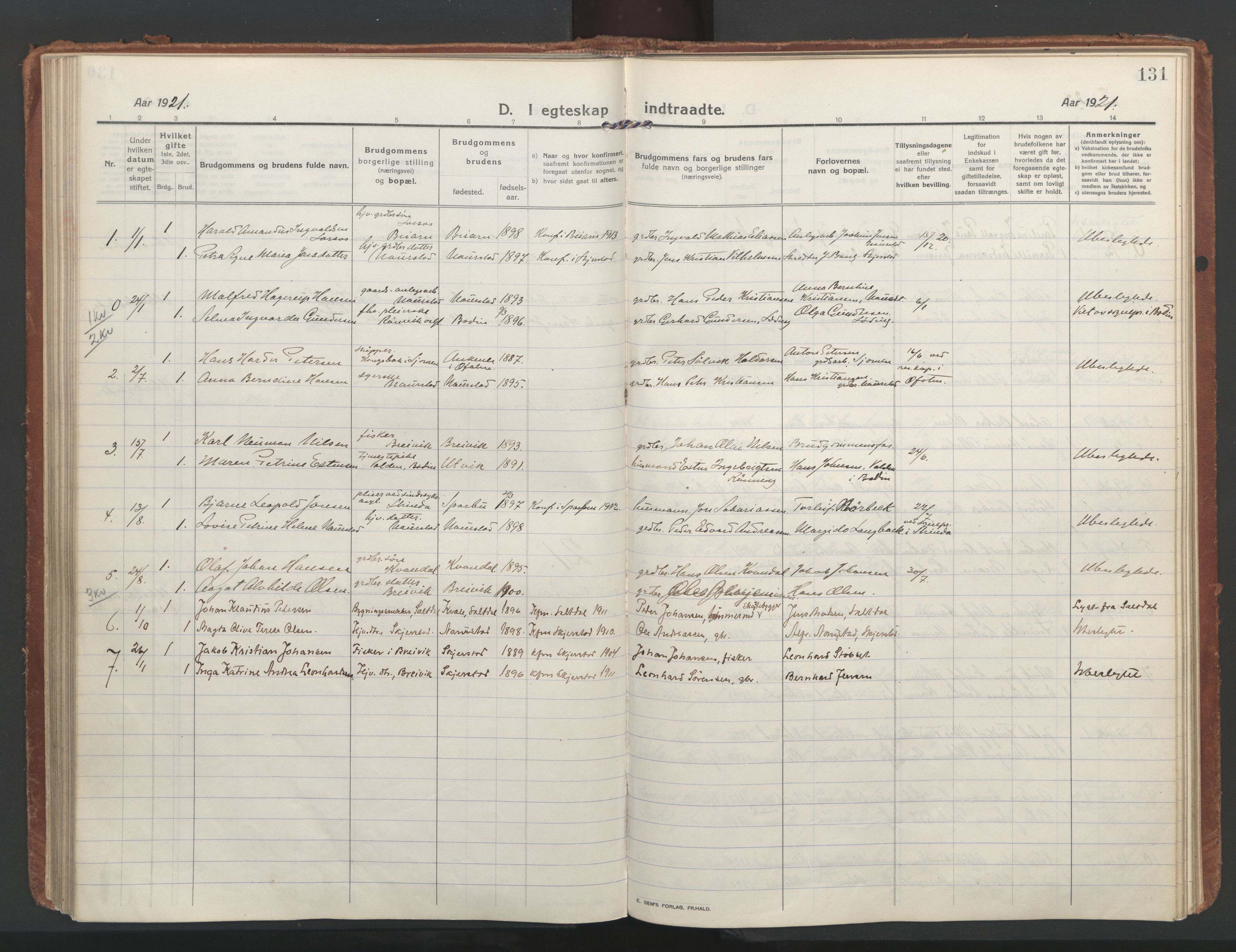 Ministerialprotokoller, klokkerbøker og fødselsregistre - Nordland, AV/SAT-A-1459/852/L0748: Parish register (official) no. 852A18, 1913-1932, p. 131