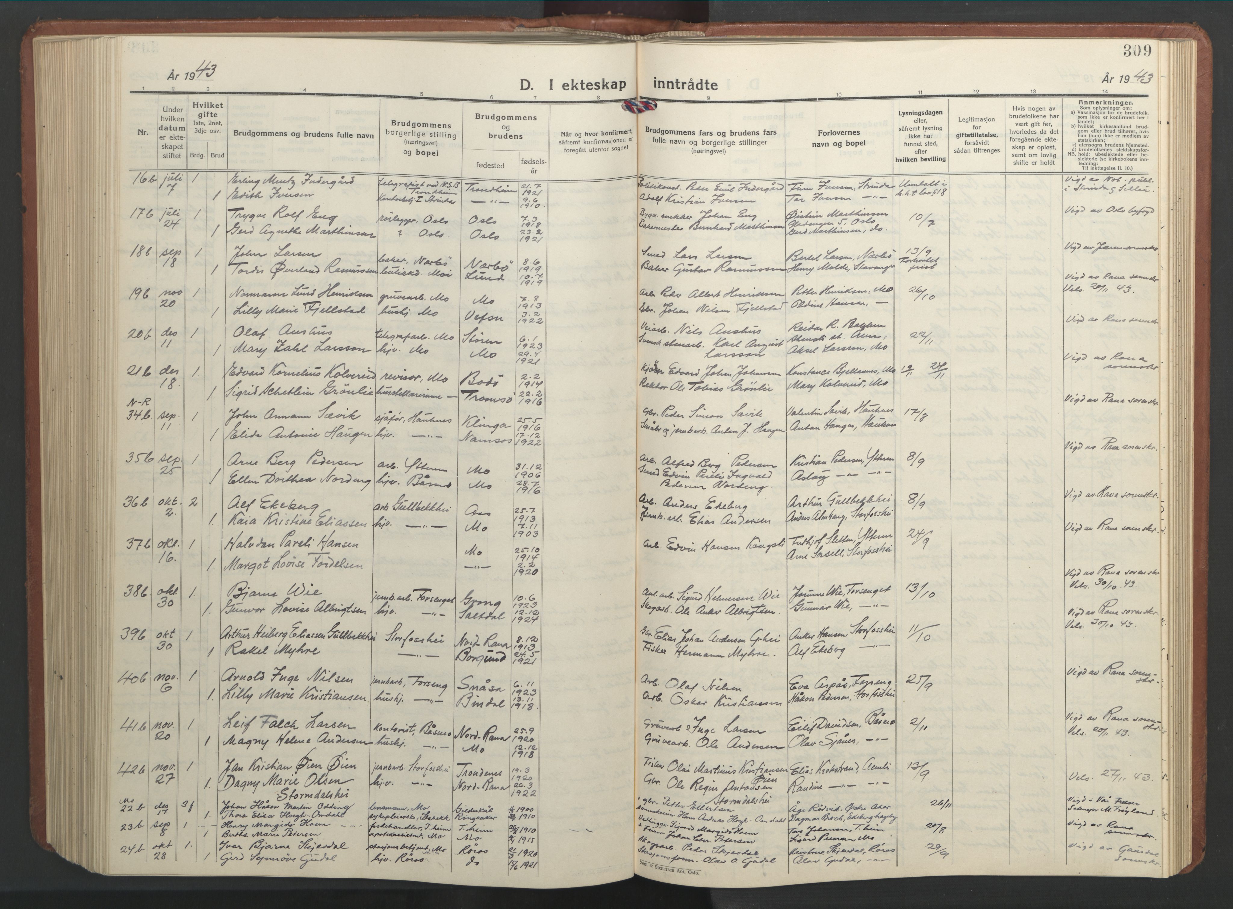 Ministerialprotokoller, klokkerbøker og fødselsregistre - Nordland, AV/SAT-A-1459/827/L0425: Parish register (copy) no. 827C14, 1931-1946, p. 309