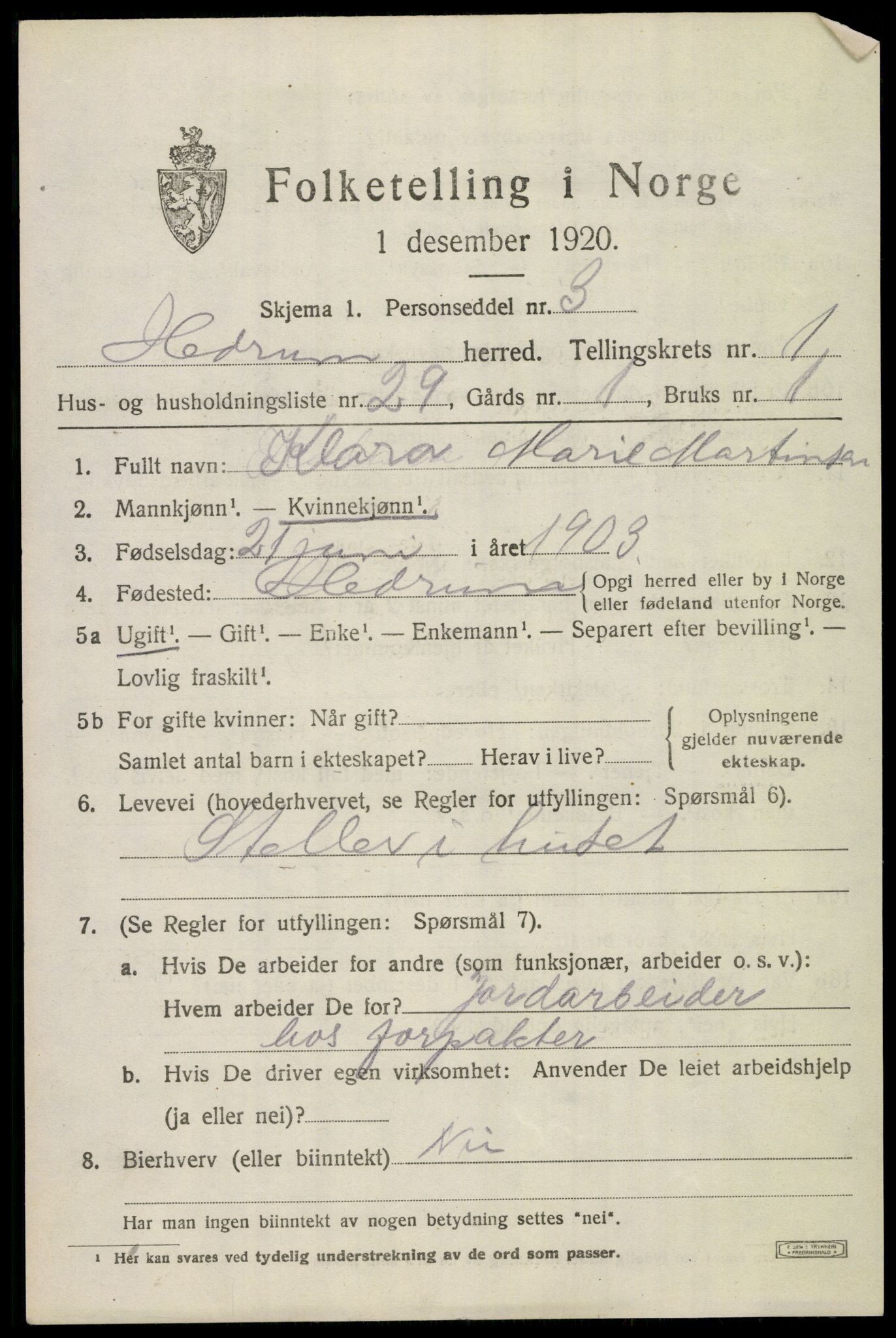 SAKO, 1920 census for Hedrum, 1920, p. 2399