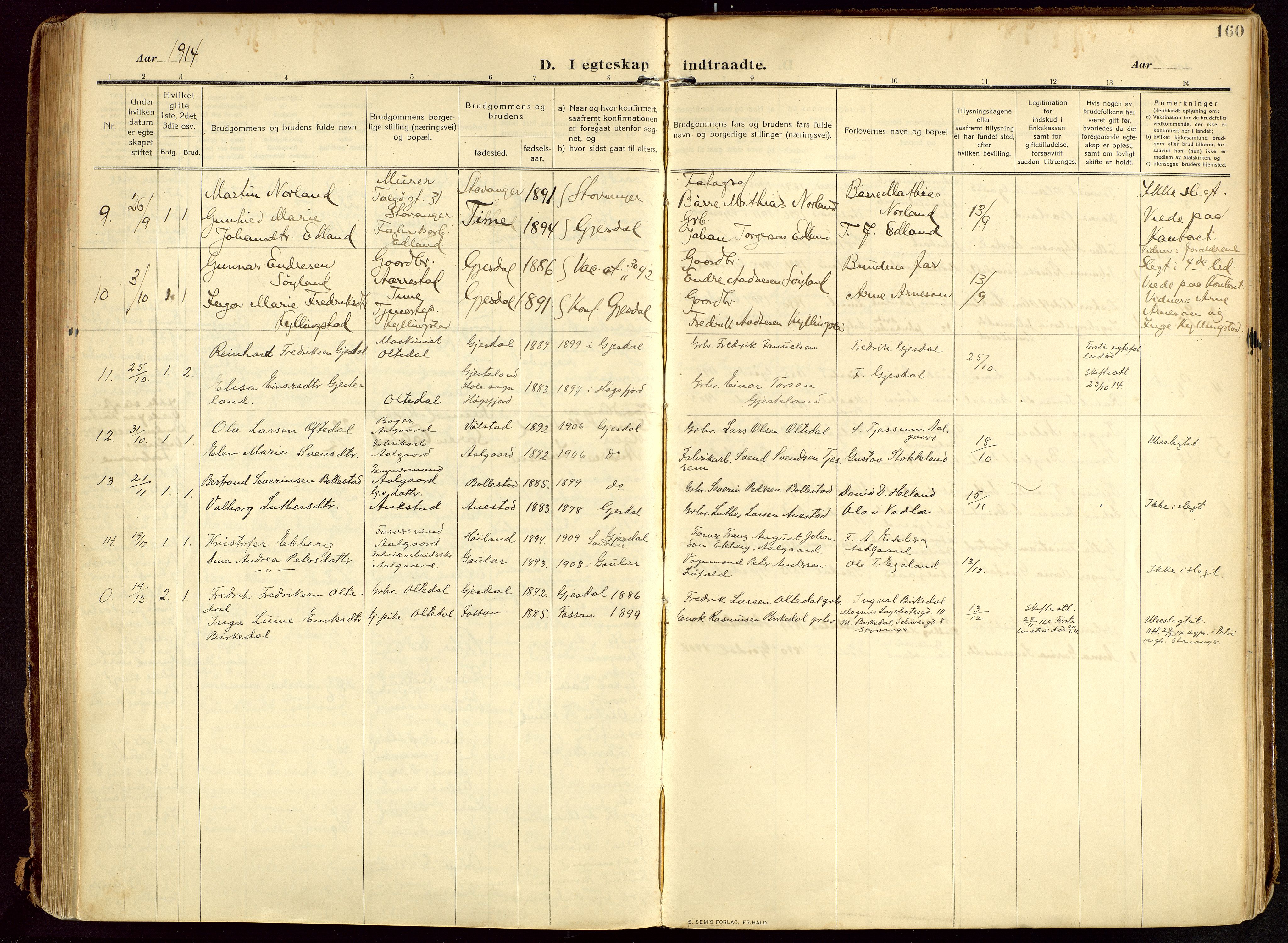 Lye sokneprestkontor, SAST/A-101794/002/B/L0001: Parish register (official) no. A 13, 1910-1925, p. 160