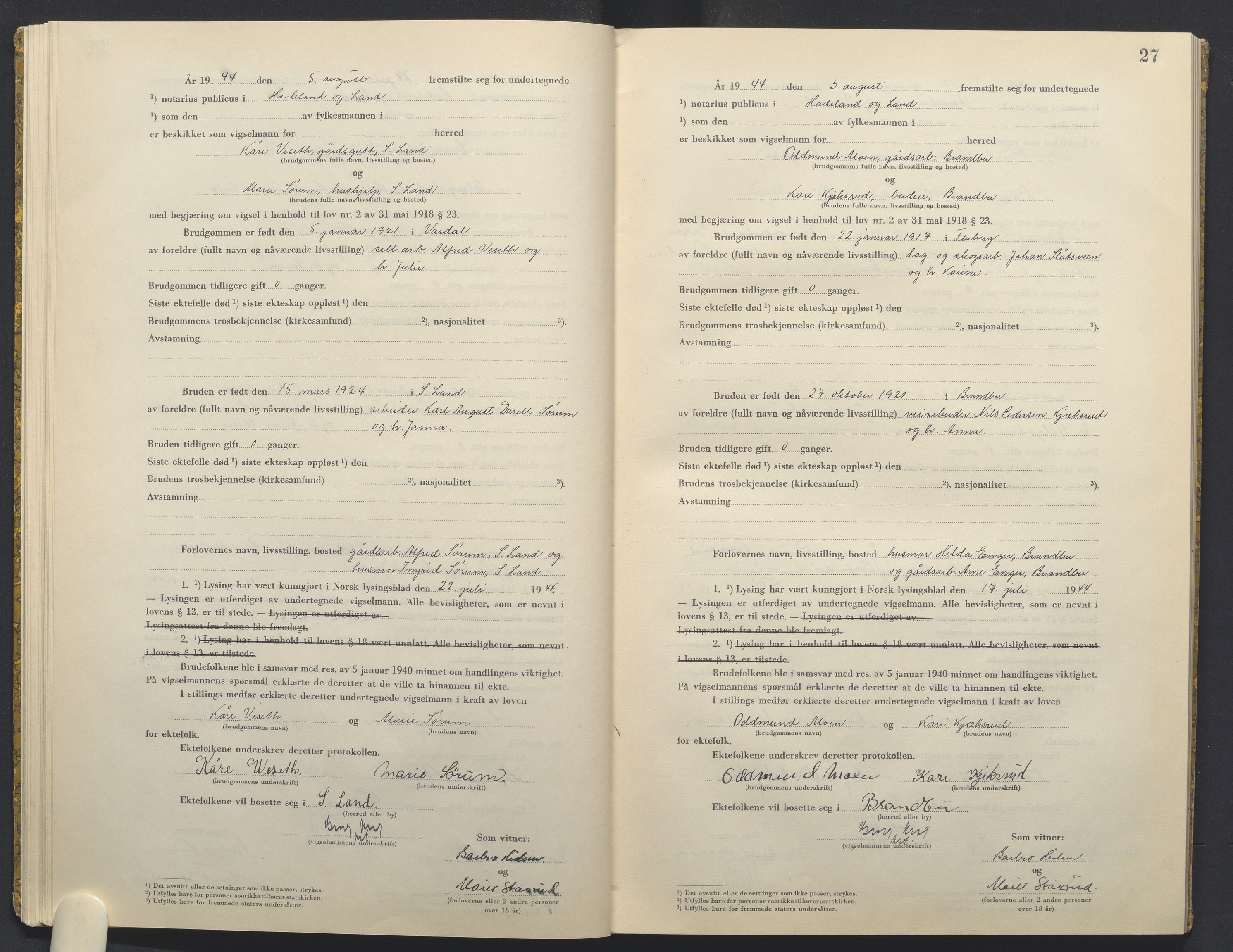 Hadeland og Land tingrett, AV/SAH-TING-010/L/Lb/L0003: Vigselbok, 1944-1946, p. 27