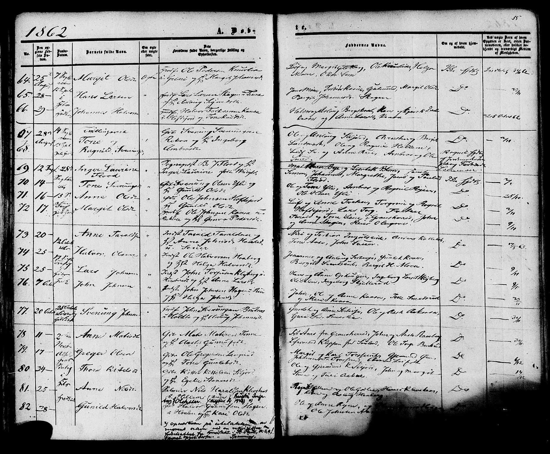 Heddal kirkebøker, SAKO/A-268/F/Fa/L0007: Parish register (official) no. I 7, 1855-1877, p. 55