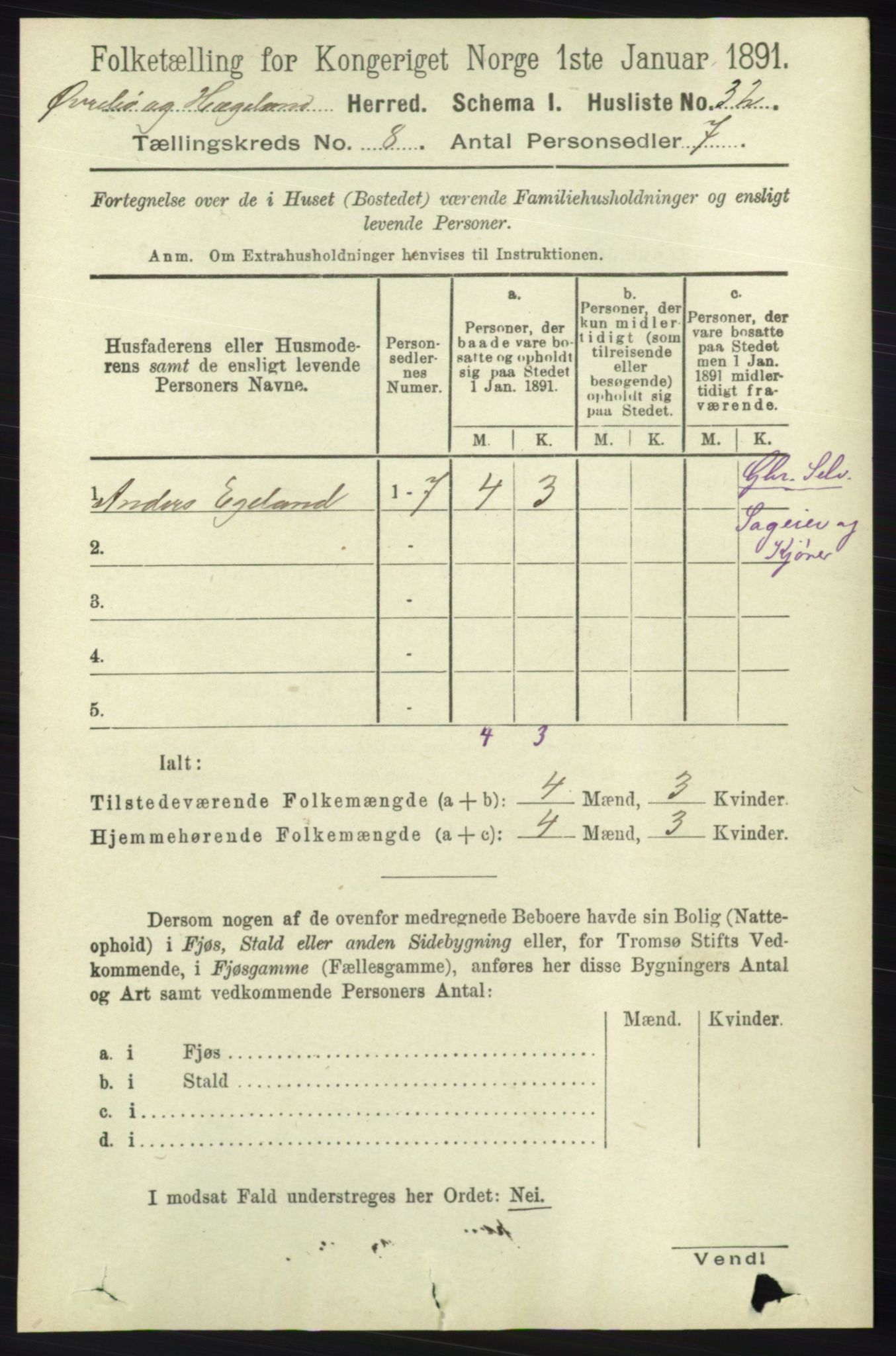 RA, 1891 census for 1016 Øvrebø og Hægeland, 1891, p. 1463