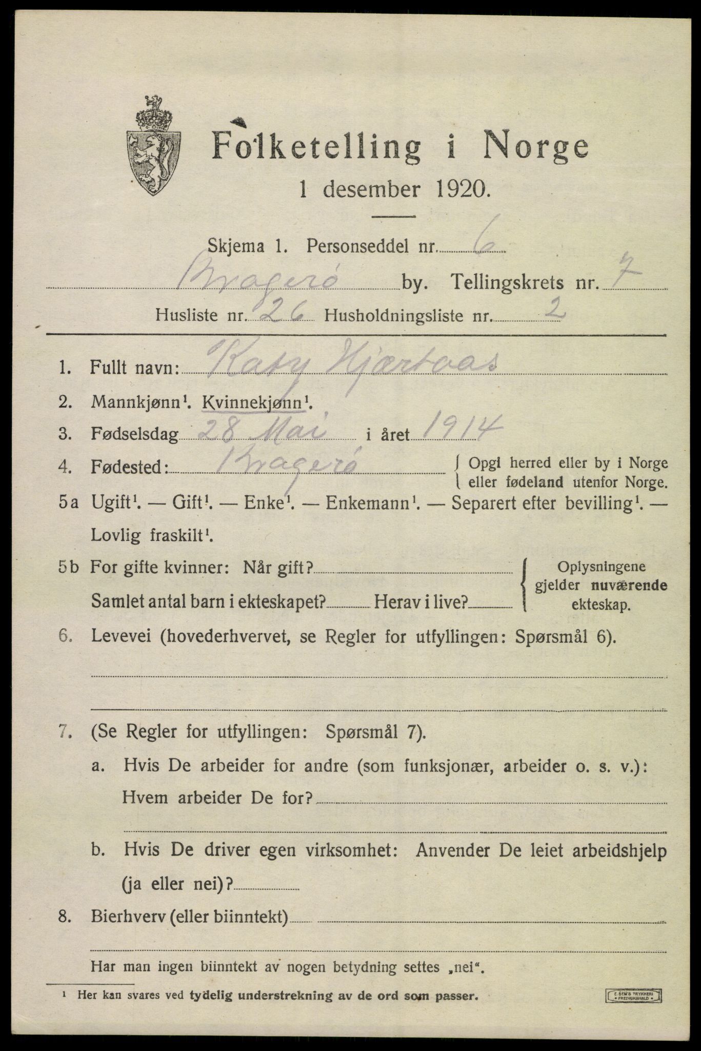SAKO, 1920 census for Kragerø, 1920, p. 9995