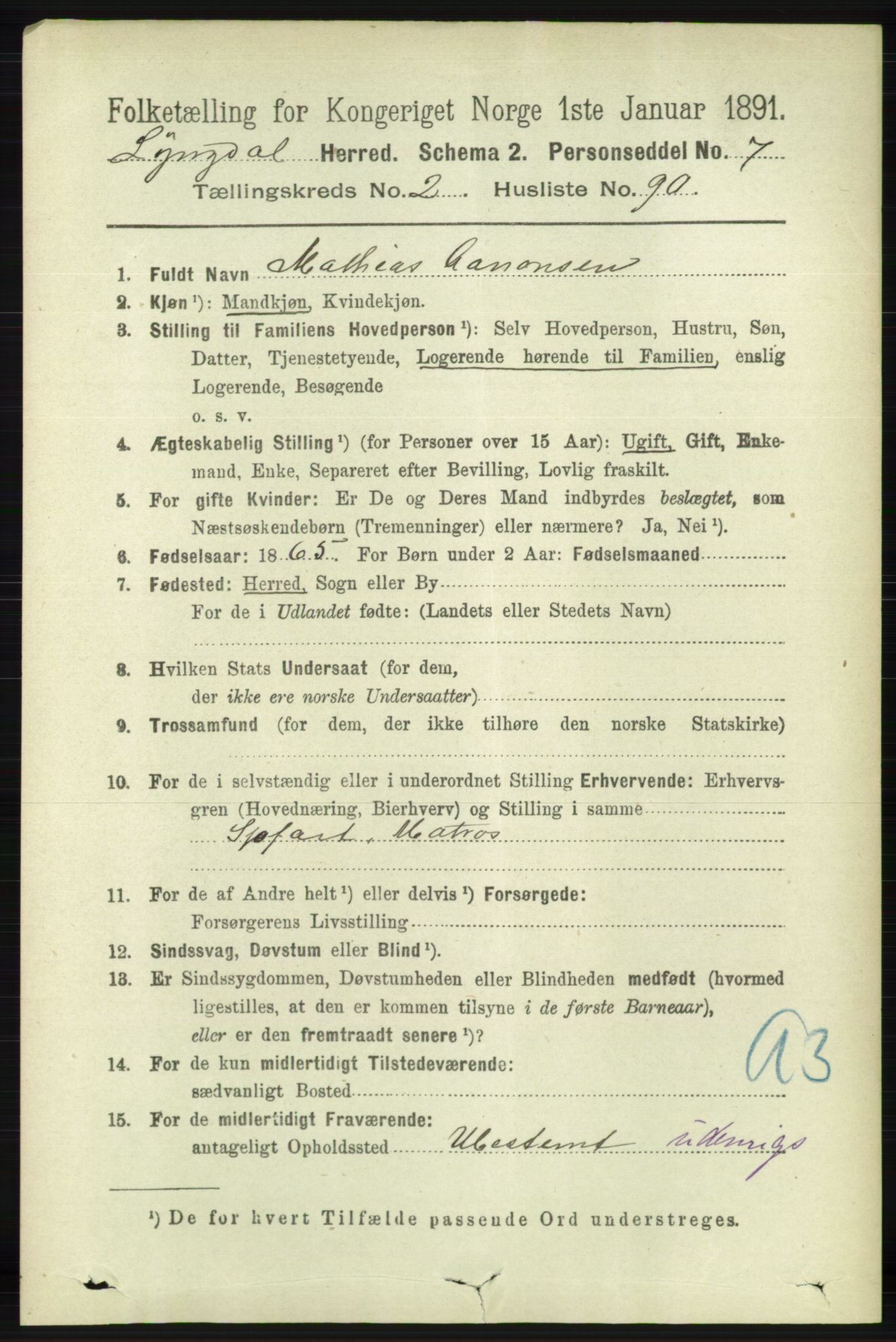 RA, 1891 census for 1032 Lyngdal, 1891, p. 1026