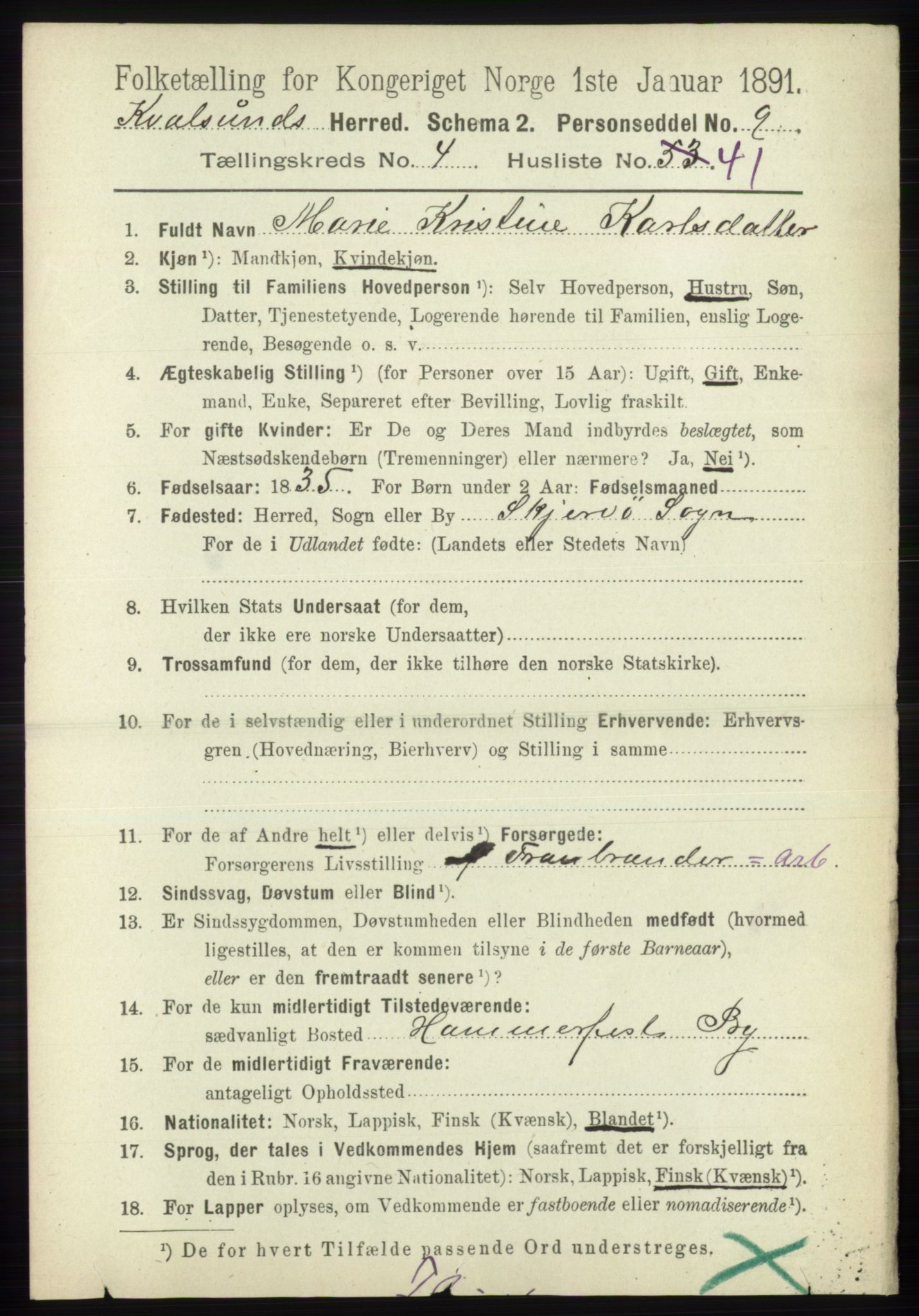 RA, 1891 census for 2017 Kvalsund, 1891, p. 443