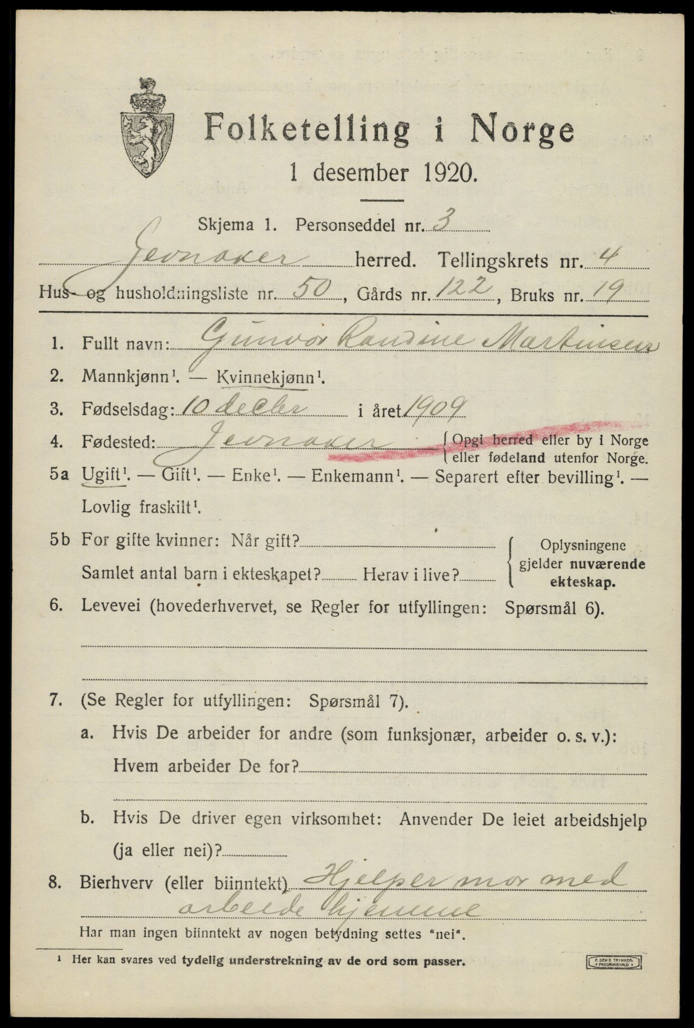 SAH, 1920 census for Jevnaker, 1920, p. 7079