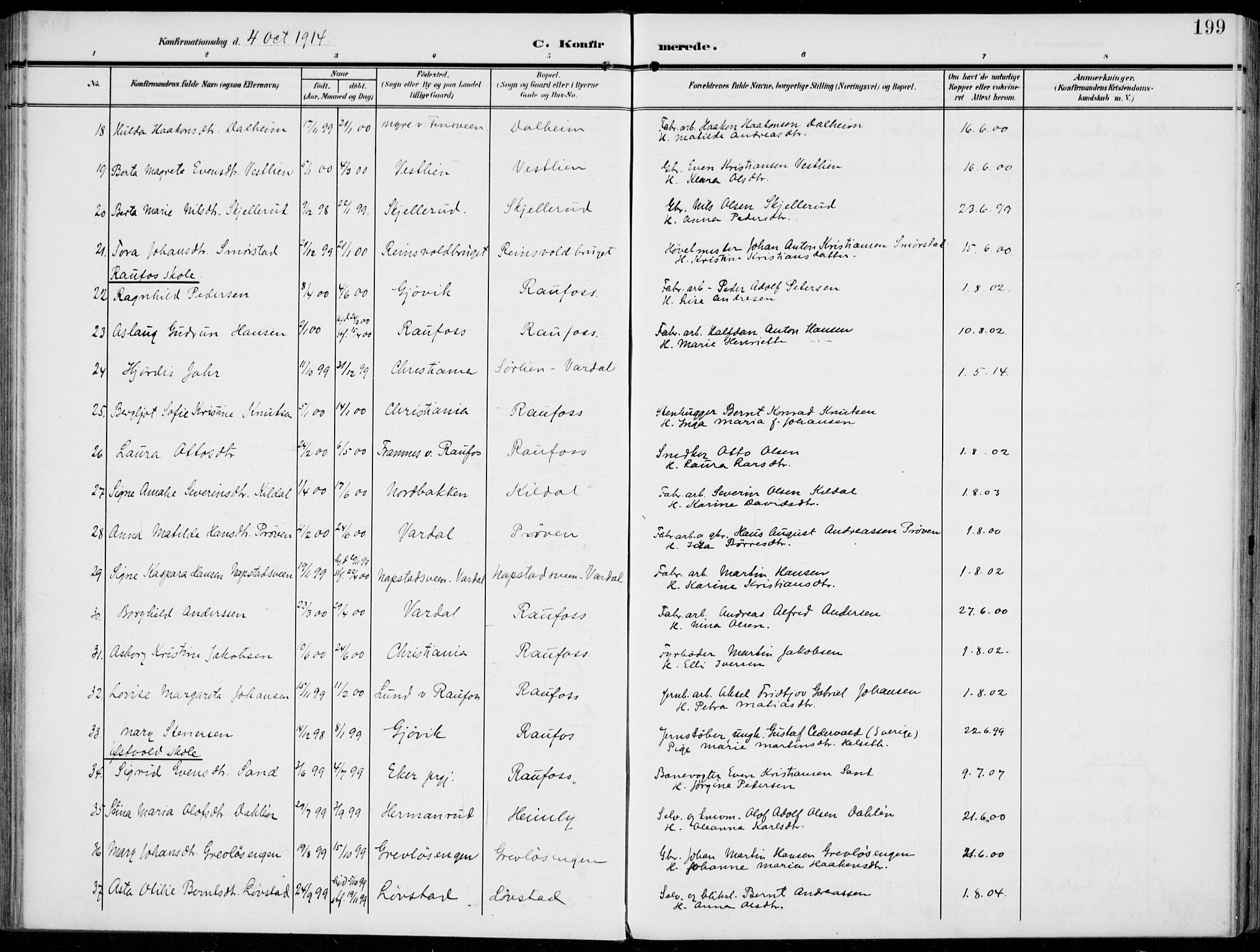 Vestre Toten prestekontor, AV/SAH-PREST-108/H/Ha/Haa/L0014: Parish register (official) no. 14, 1907-1920, p. 199