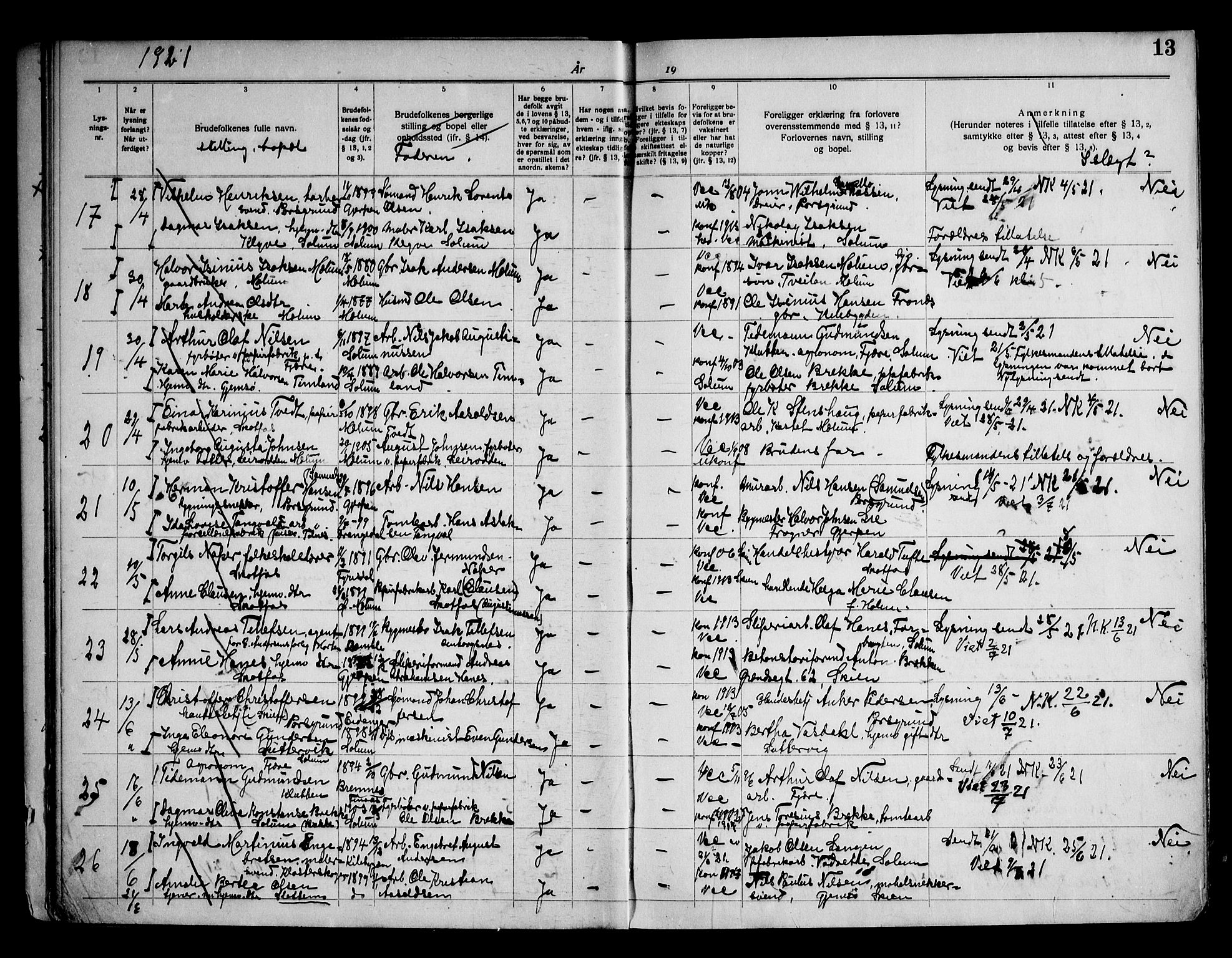 Solum kirkebøker, AV/SAKO-A-306/H/Ha/L0002: Banns register no. I 2, 1919-1946, p. 13