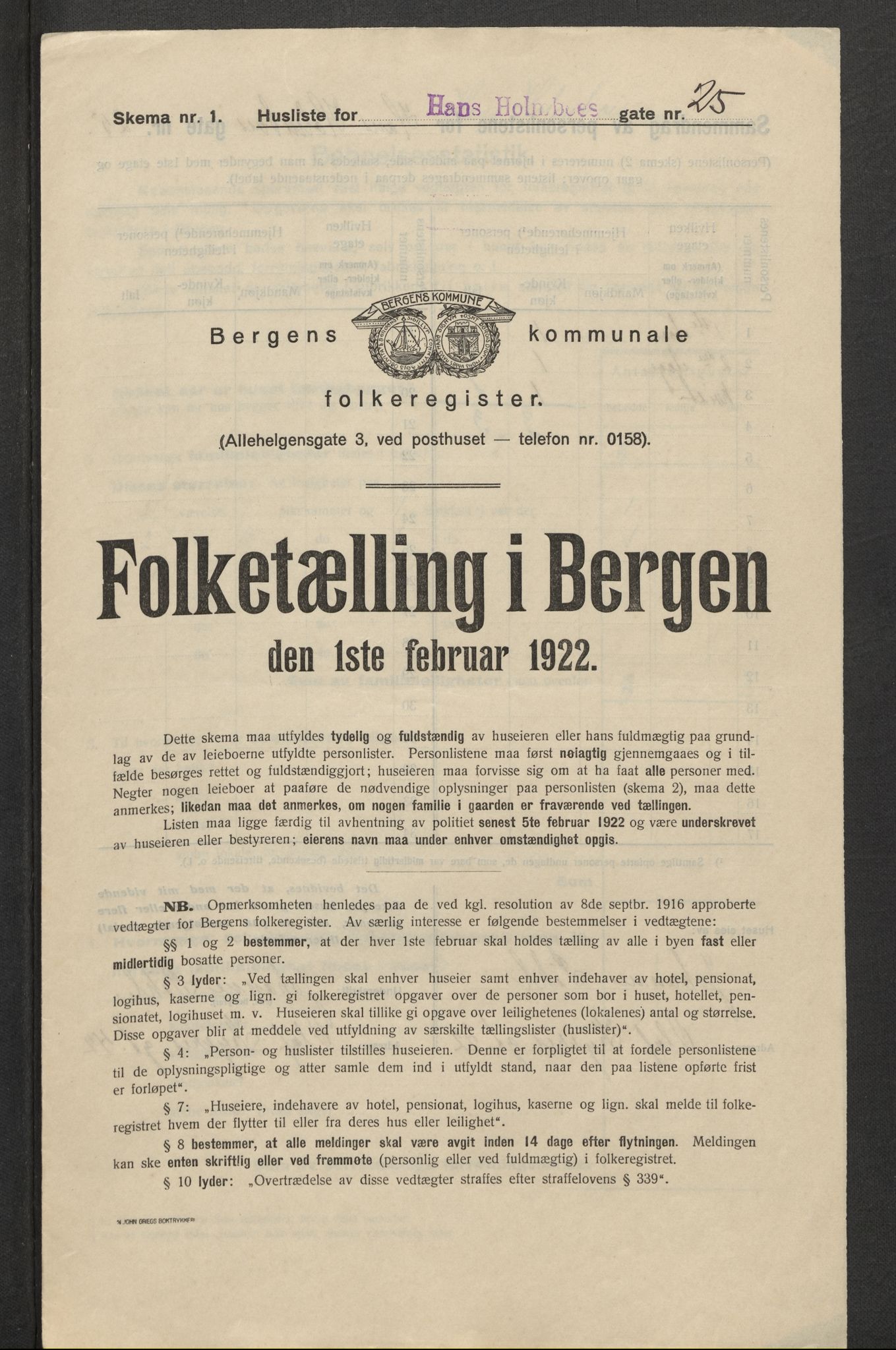 SAB, Municipal Census 1922 for Bergen, 1922, p. 12916