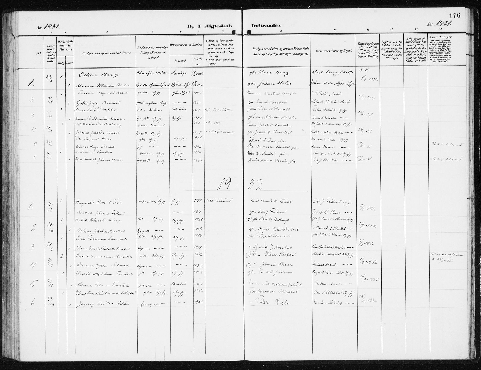 Ministerialprotokoller, klokkerbøker og fødselsregistre - Møre og Romsdal, AV/SAT-A-1454/515/L0216: Parish register (copy) no. 515C03, 1906-1941, p. 176