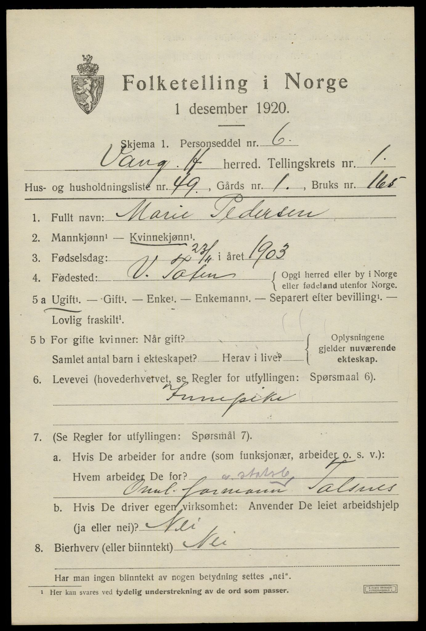 SAH, 1920 census for Vang (Hedmark), 1920, p. 3573