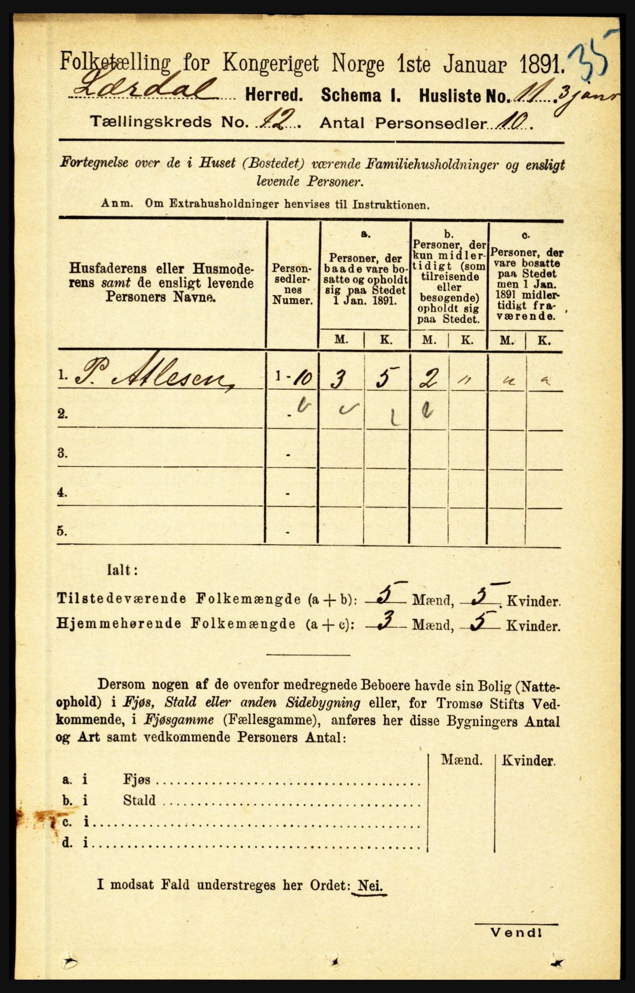 RA, 1891 census for 1422 Lærdal, 1891, p. 2529