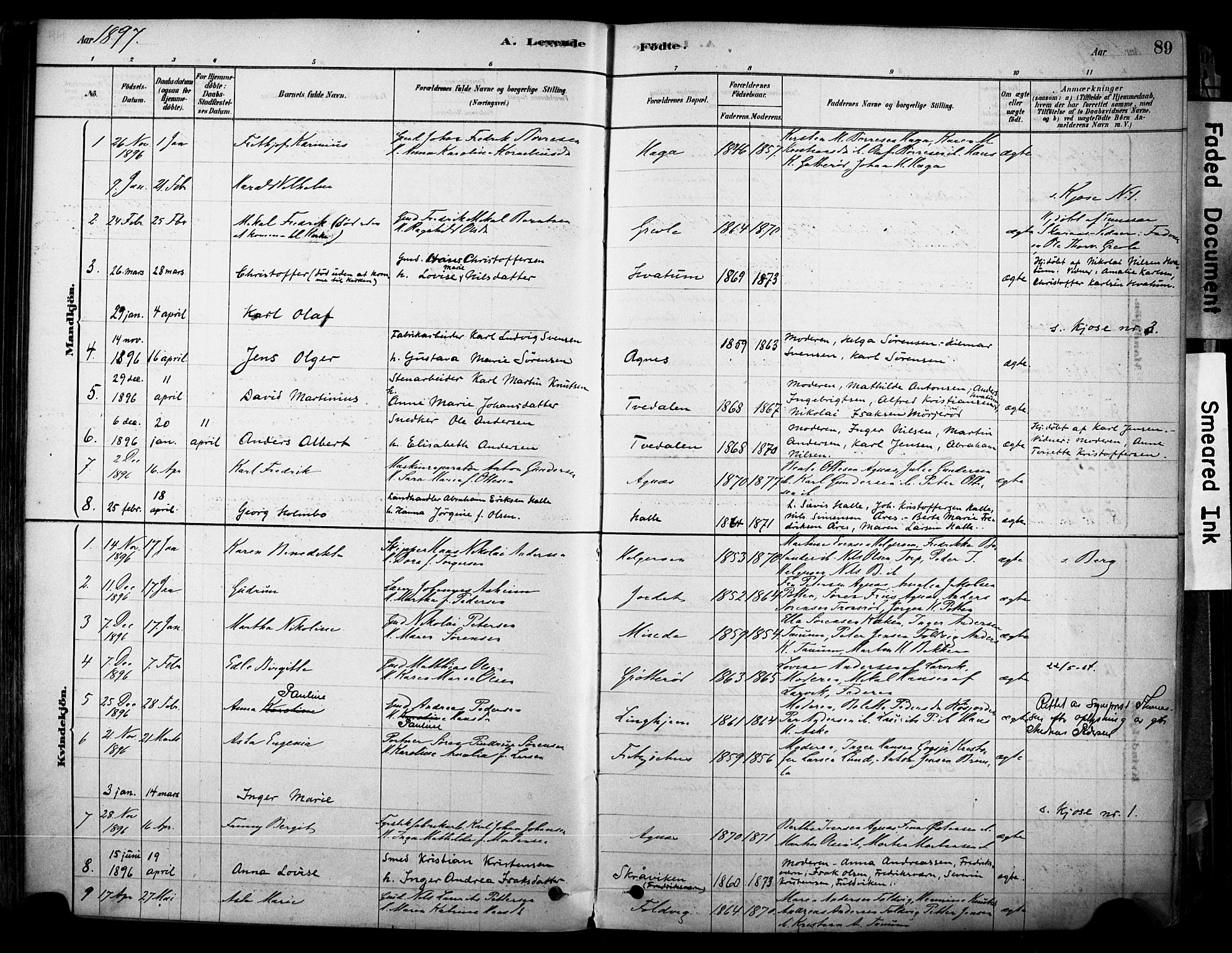 Brunlanes kirkebøker, SAKO/A-342/F/Fc/L0001: Parish register (official) no. III 1, 1878-1899, p. 89