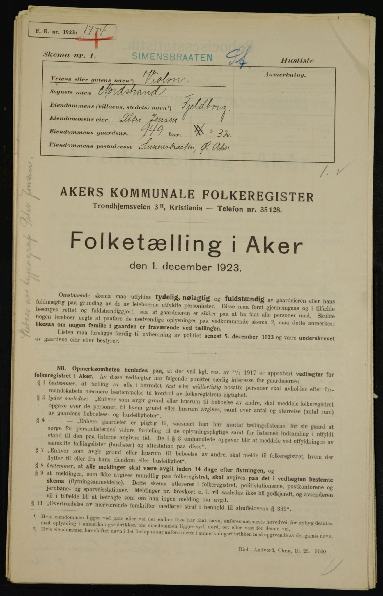 , Municipal Census 1923 for Aker, 1923, p. 46752