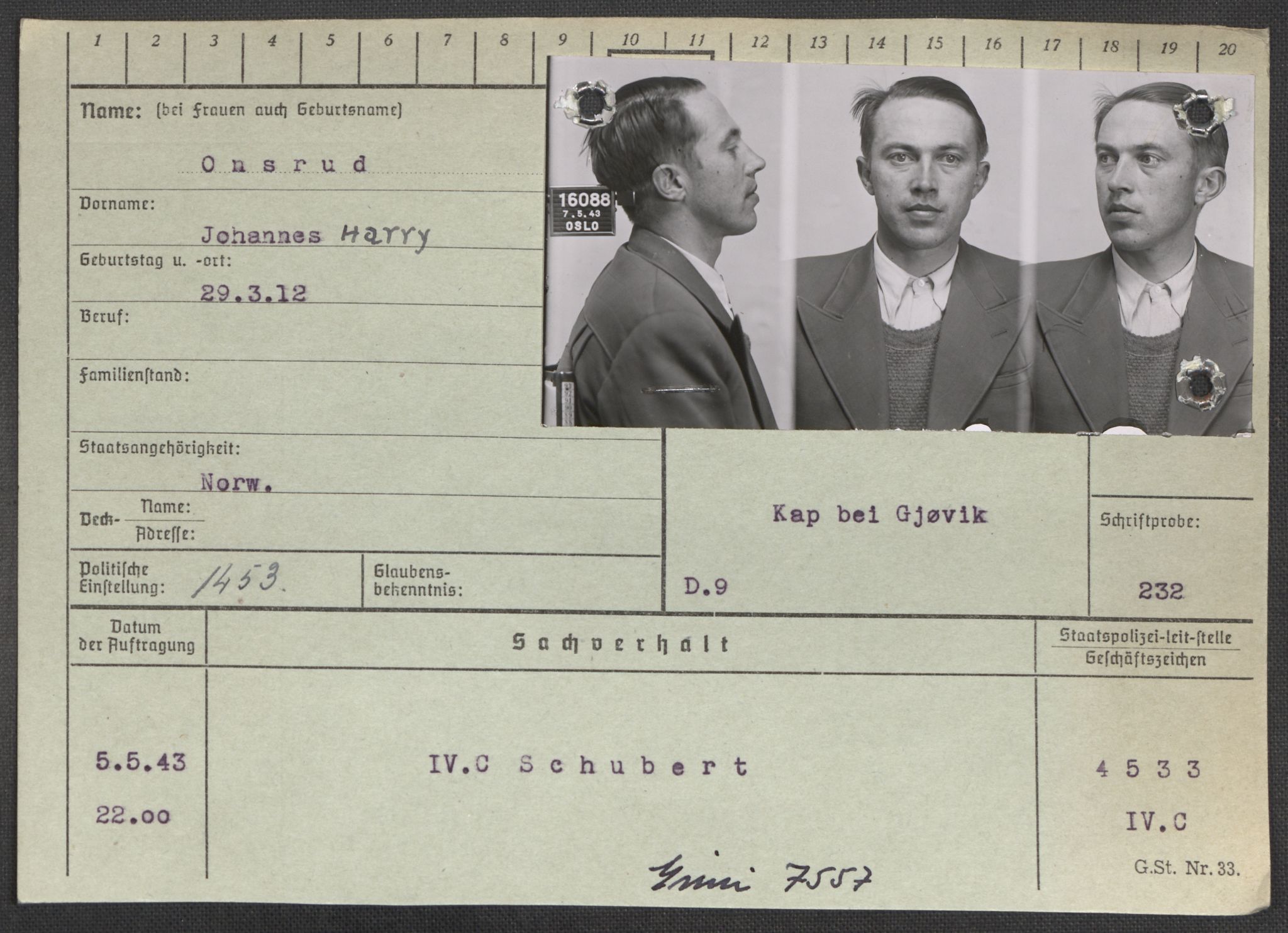 Befehlshaber der Sicherheitspolizei und des SD, RA/RAFA-5969/E/Ea/Eaa/L0008: Register over norske fanger i Møllergata 19: Oelze-Ru, 1940-1945, p. 454