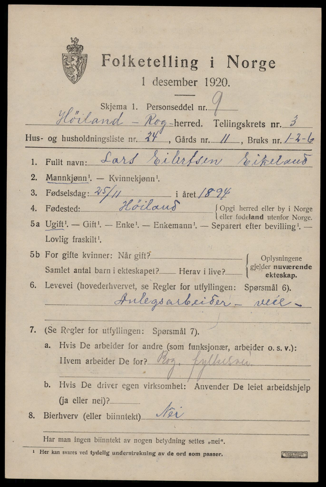 SAST, 1920 census for Høyland, 1920, p. 3258