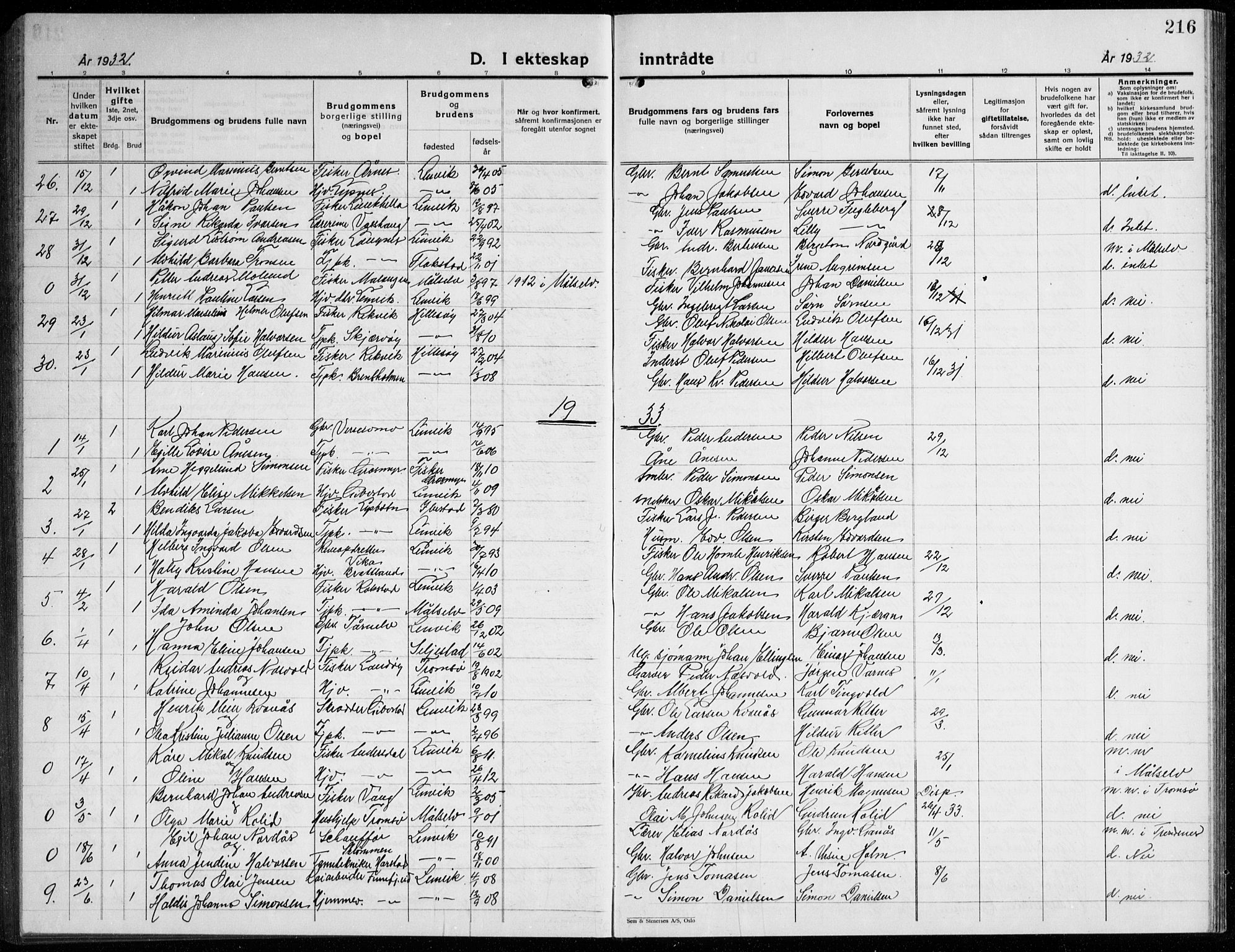 Lenvik sokneprestembete, AV/SATØ-S-1310/H/Ha/Hab/L0010klokker: Parish register (copy) no. 10, 1927-1945, p. 216