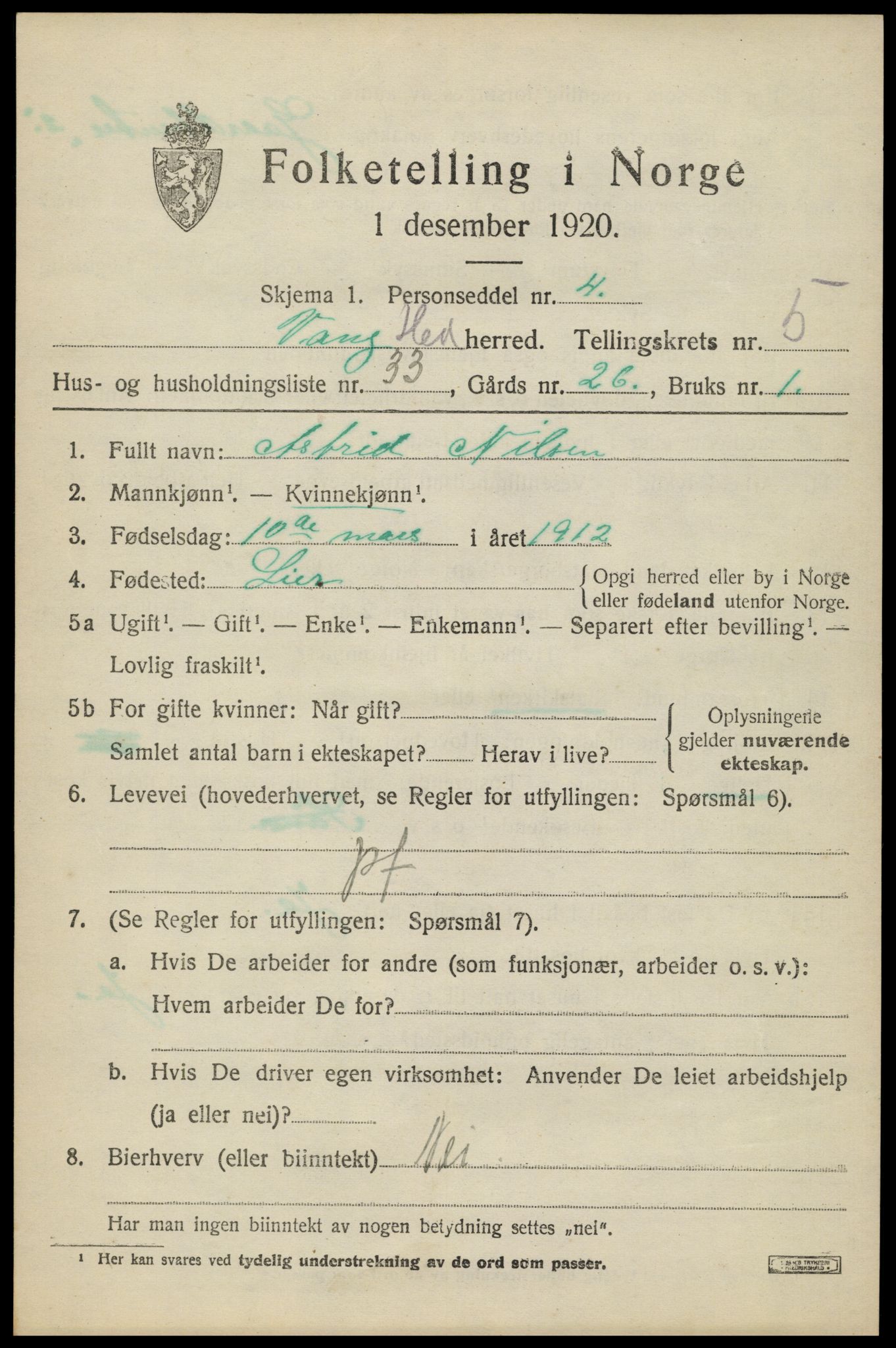 SAH, 1920 census for Vang (Hedmark), 1920, p. 14149