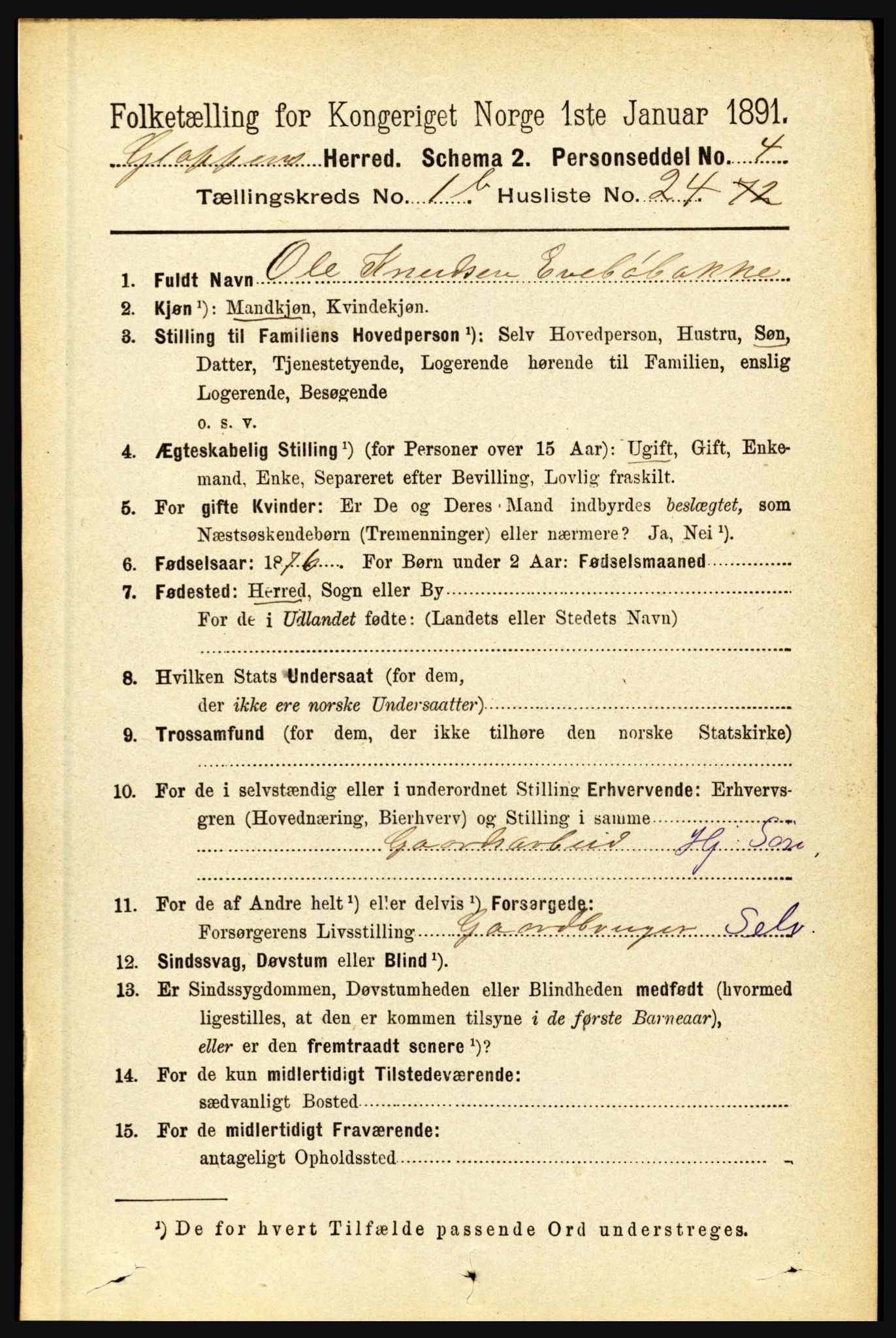 RA, 1891 census for 1445 Gloppen, 1891, p. 534