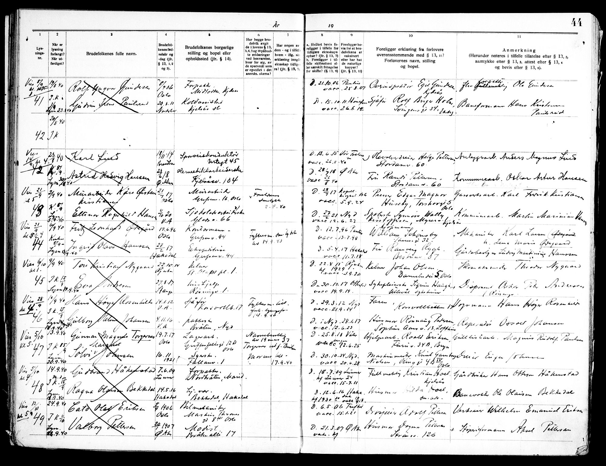 Grefsen prestekontor Kirkebøker, SAO/A-10237a/H/Ha/L0001: Banns register no. 1, 1933-1950, p. 44