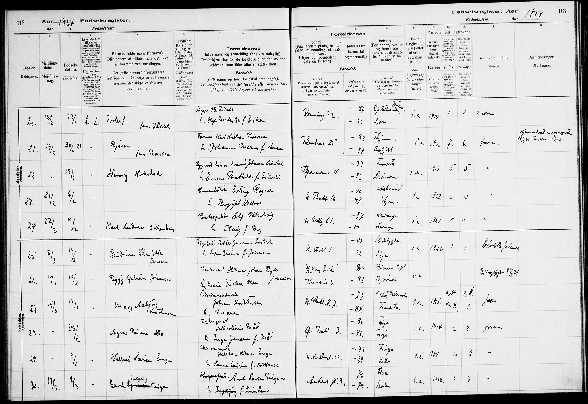 Ministerialprotokoller, klokkerbøker og fødselsregistre - Sør-Trøndelag, AV/SAT-A-1456/604/L0233: Birth register no. 604.II.4.2, 1920-1928, p. 113