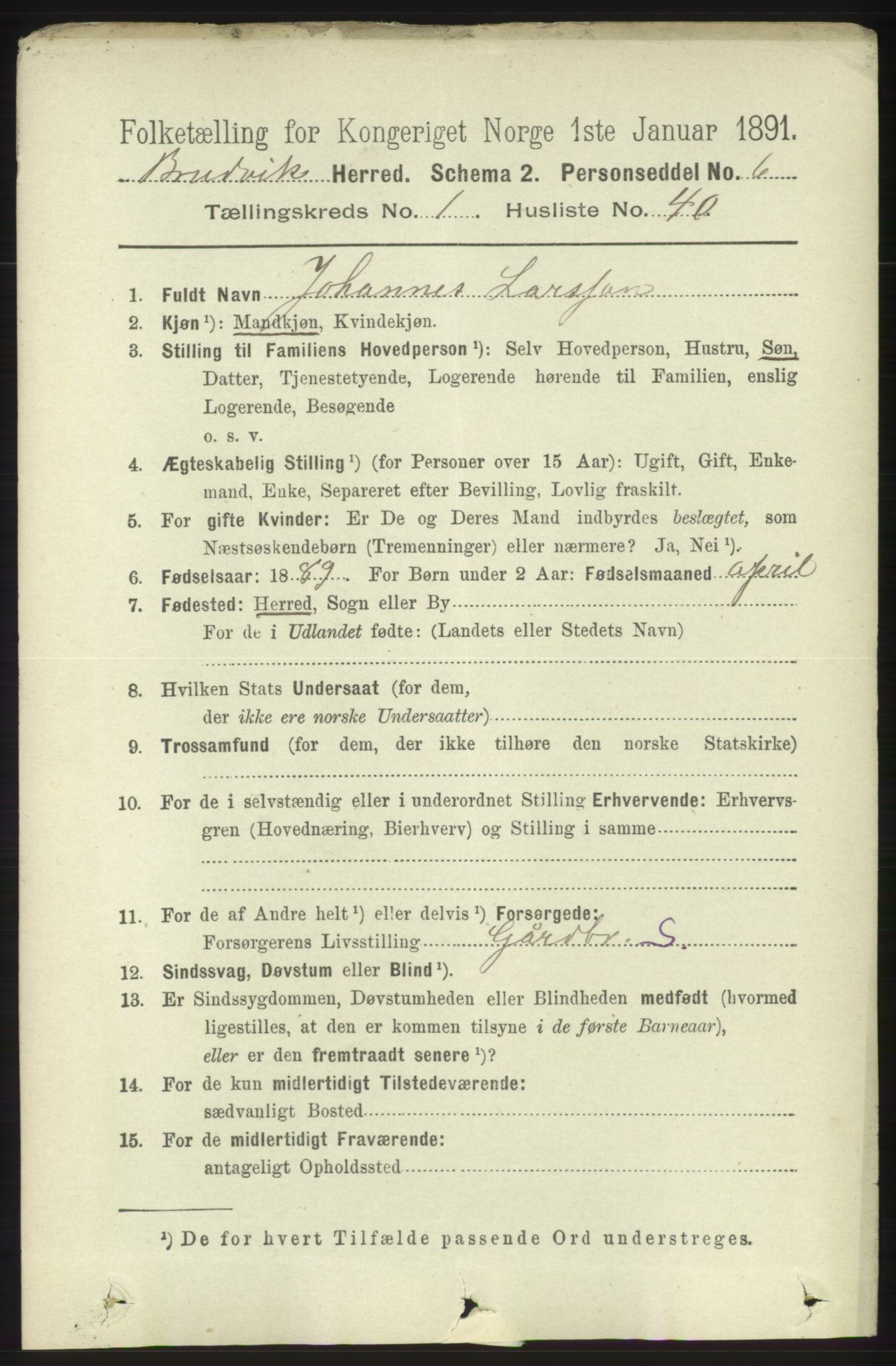 RA, 1891 census for 1251 Bruvik, 1891, p. 375