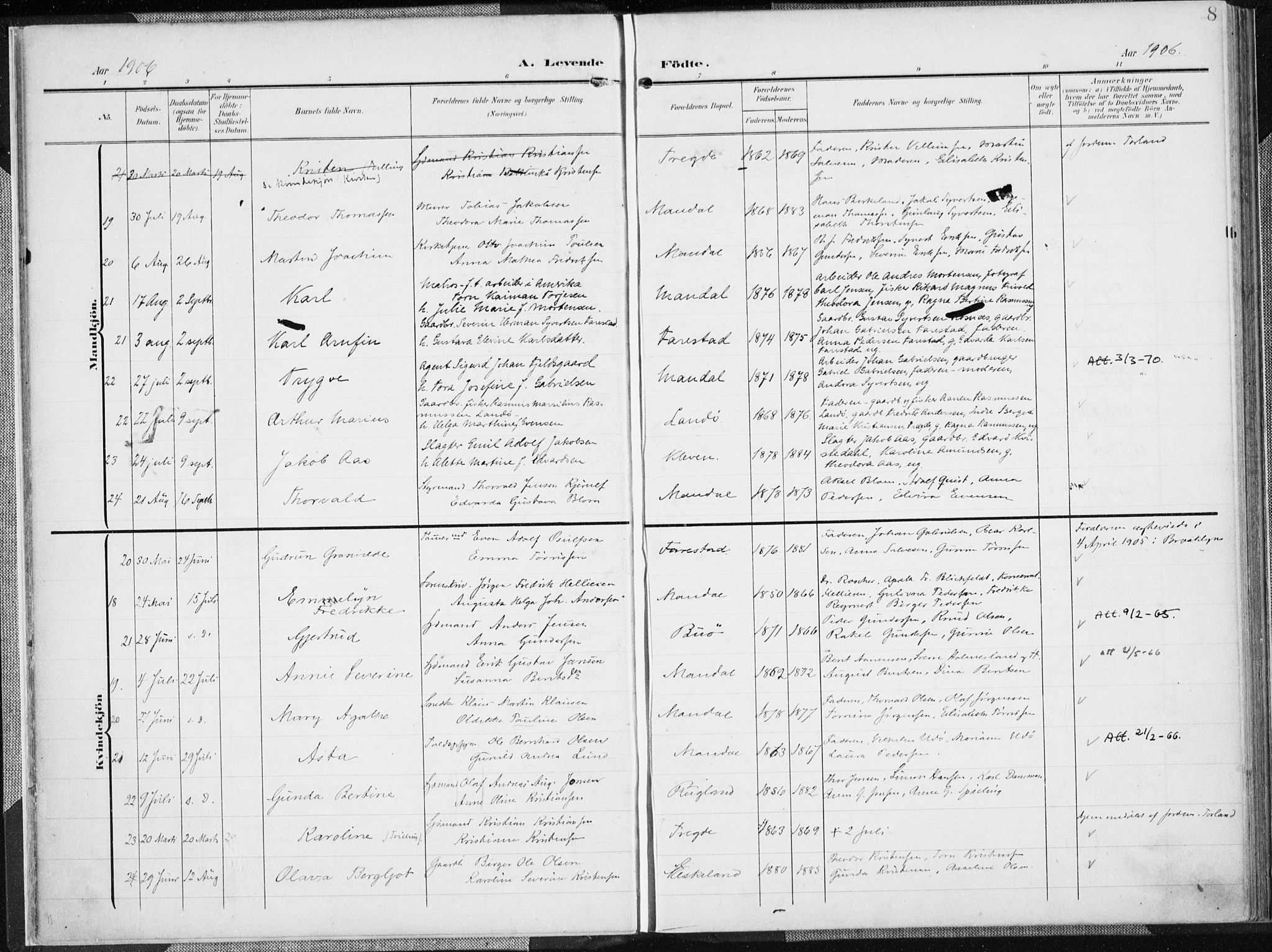 Mandal sokneprestkontor, AV/SAK-1111-0030/F/Fa/Faa/L0020: Parish register (official) no. A 20, 1906-1912, p. 8