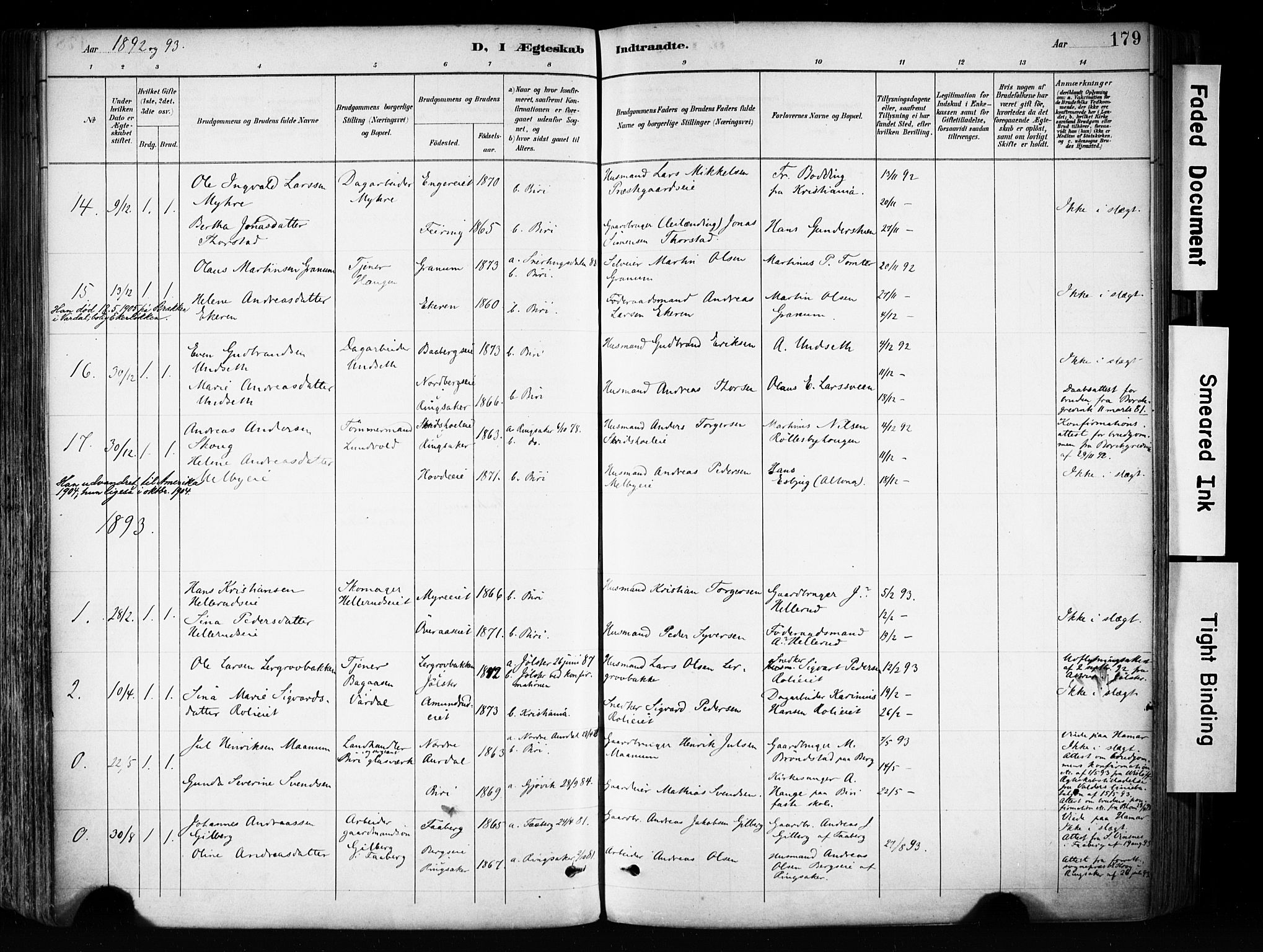 Biri prestekontor, SAH/PREST-096/H/Ha/Haa/L0009: Parish register (official) no. 9, 1887-1900, p. 179