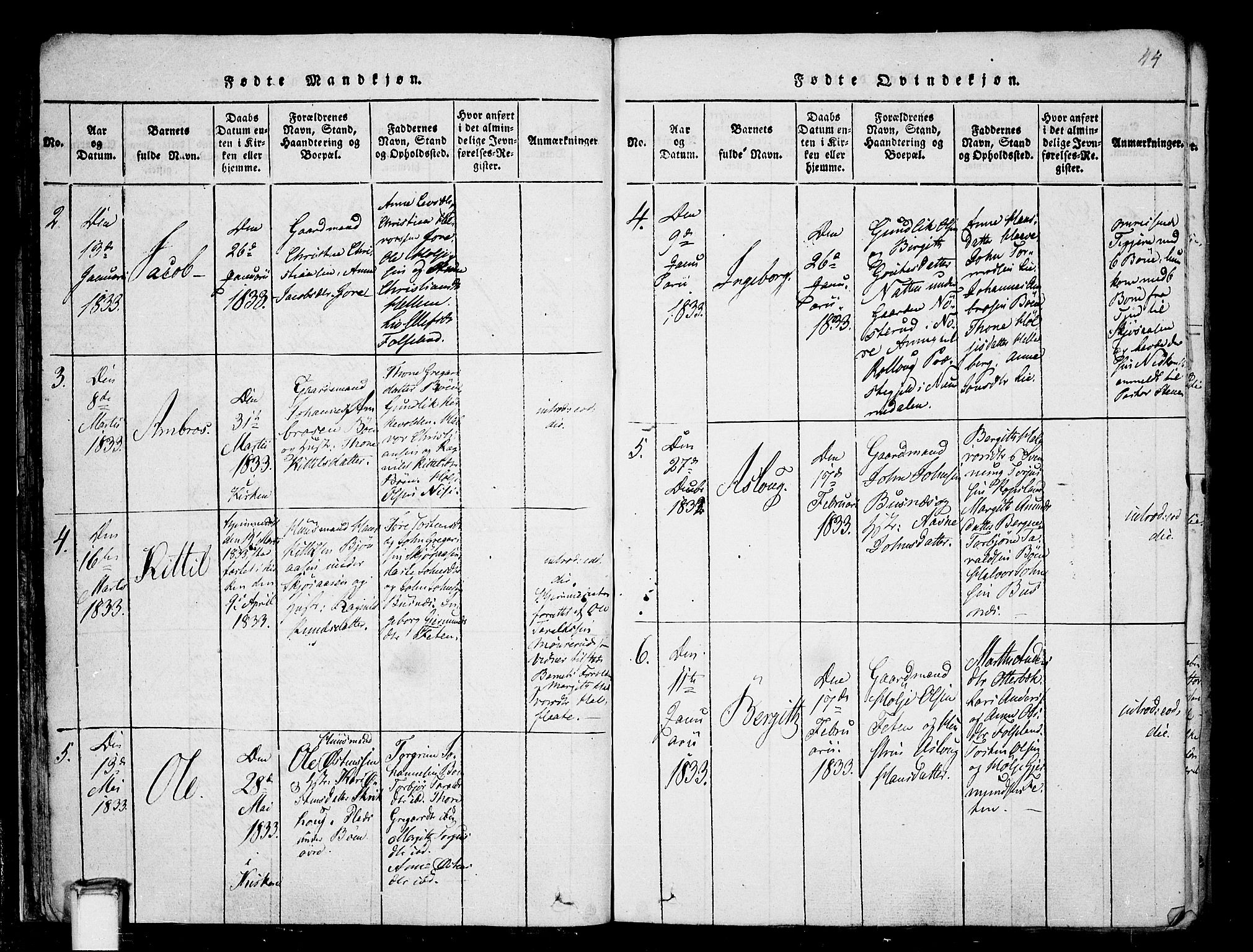Gransherad kirkebøker, SAKO/A-267/F/Fa/L0001: Parish register (official) no. I 1, 1815-1843, p. 44