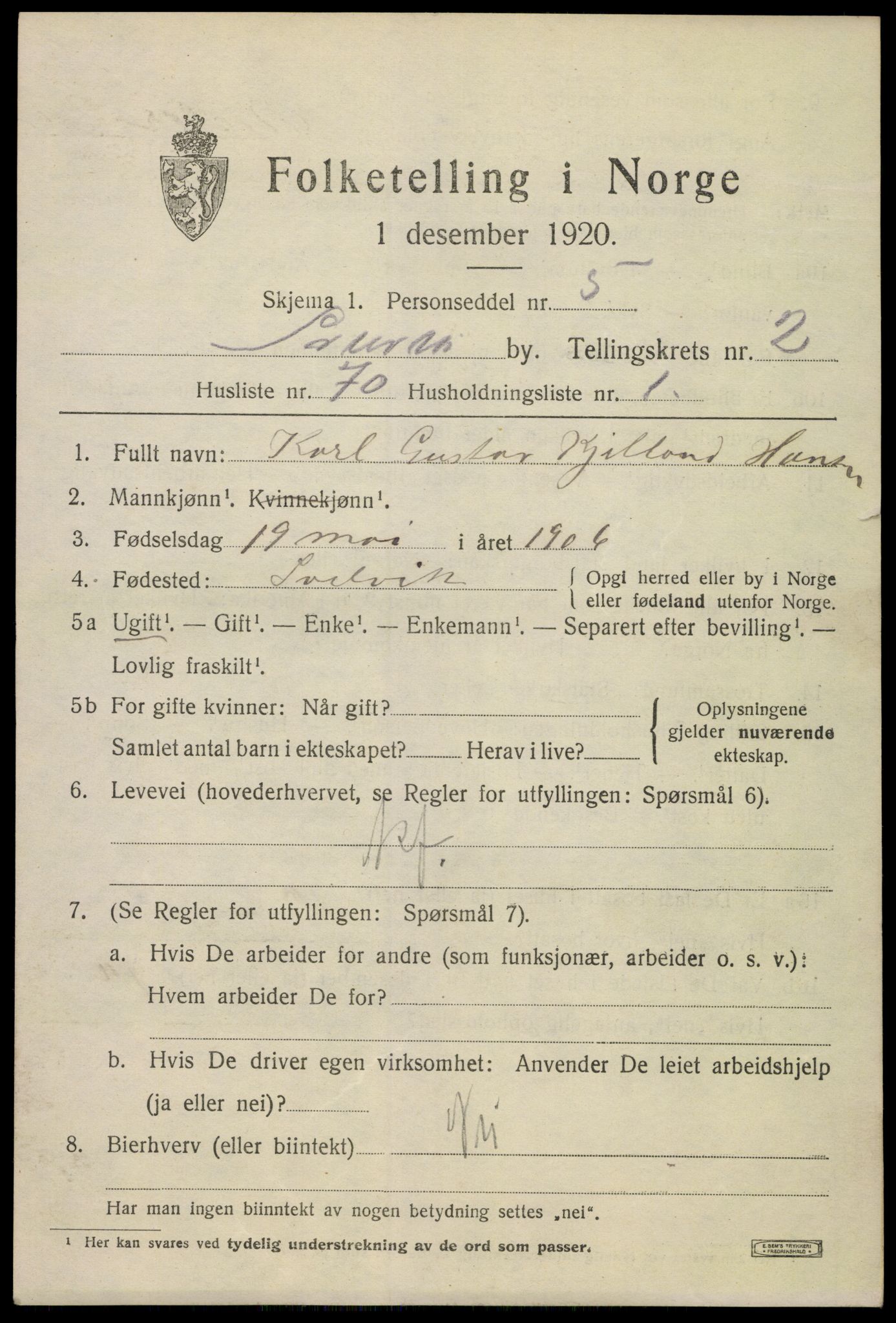 SAKO, 1920 census for Svelvik, 1920, p. 3121